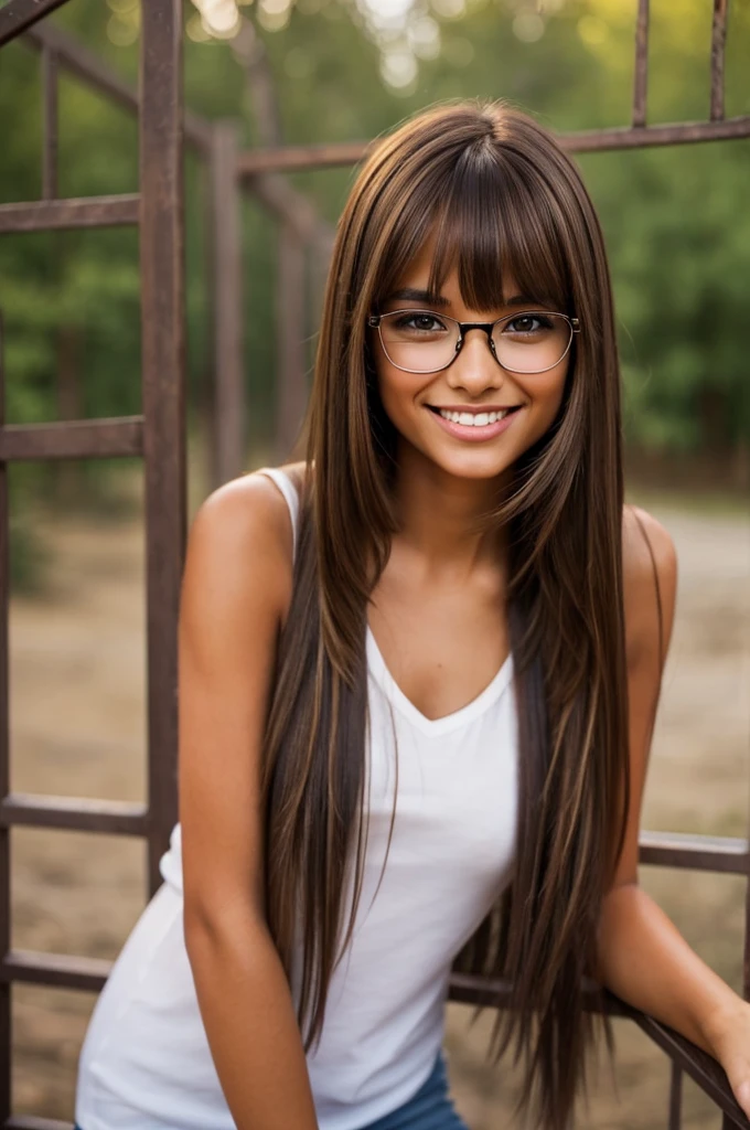 A very pretty proper young woman with deep tanned skin, long, feather-soft deep brown hair reaching mid-back length, straight bangs framing eyebrows, hazel eyes behind wire-rimmed glasses, and a warm, inviting smile.