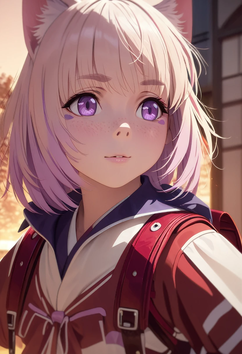 A little cat girl, beautiful detailed purple eyes, cream colored hair, Japanese , red backpack, (best quality,4k,8k,highres,masterpiece:1.2),ultra-detailed,(realistic,photorealistic,photo-realistic:1.37),detailed facial features, detailed clothing, high quality lighting, vibrant colors, soft lighting, golden hour lighting, magical realism, fantasy, anime style