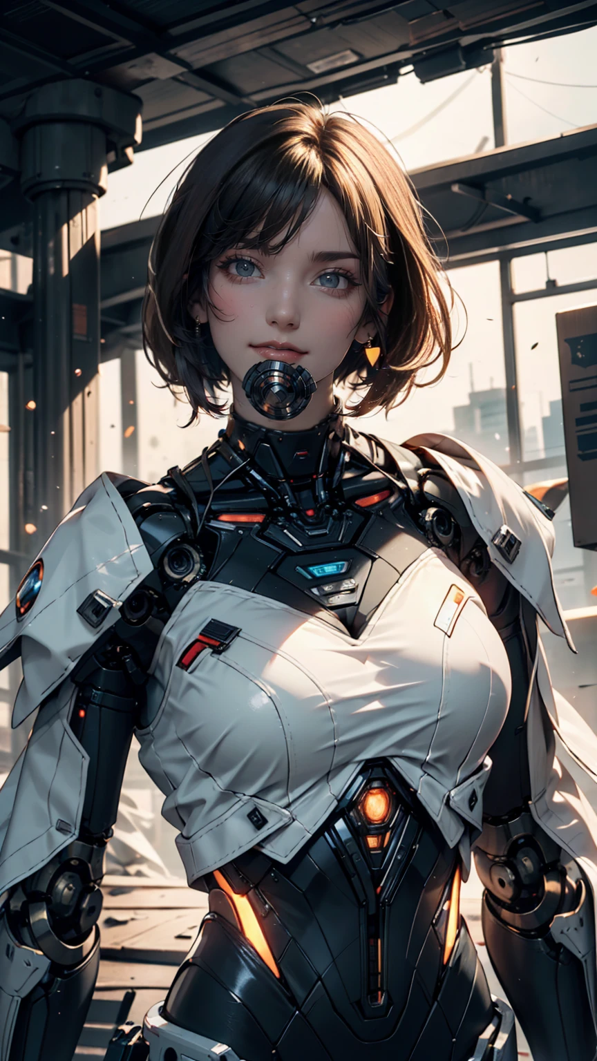 (masterpiece:1.2,high quality), One girl, ((Ultra-Realistic Details)), Global Illumination, Shadow, Unreal Engine, Octane Rendering, 8k, Ultra Sharp, Metal, complicated, Decorations detailed, highly complicated details, Yellow Eyes, (Mechanical body:1.2), Gray Hair, (Black gas mask), Equipment, Bobcut, Hundreds of wires, Terran, (robot, Android:1.15), Apocalypse, Broken Building
