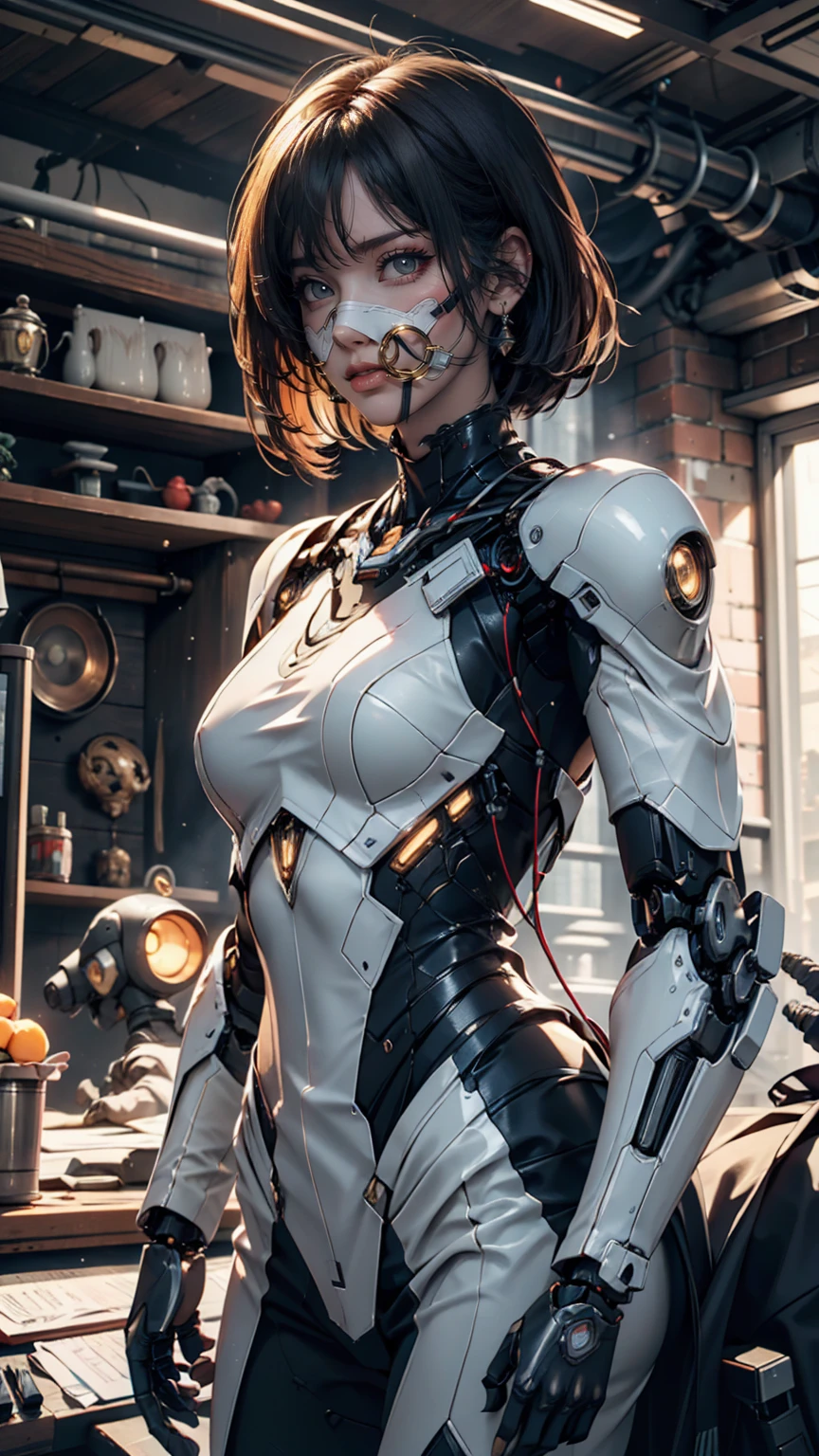(masterpiece:1.2,high quality), One girl, ((Ultra-Realistic Details)), Global Illumination, Shadow, Unreal Engine, Octane Rendering, 8k, Ultra Sharp, Metal, complicated, Decorations detailed, highly complicated details, Yellow Eyes, (Mechanical body:1.2), Gray Hair, (Black gas mask), Equipment, Bobcut, Hundreds of wires, Terran, (robot, Android:1.15), Apocalypse, Broken Building