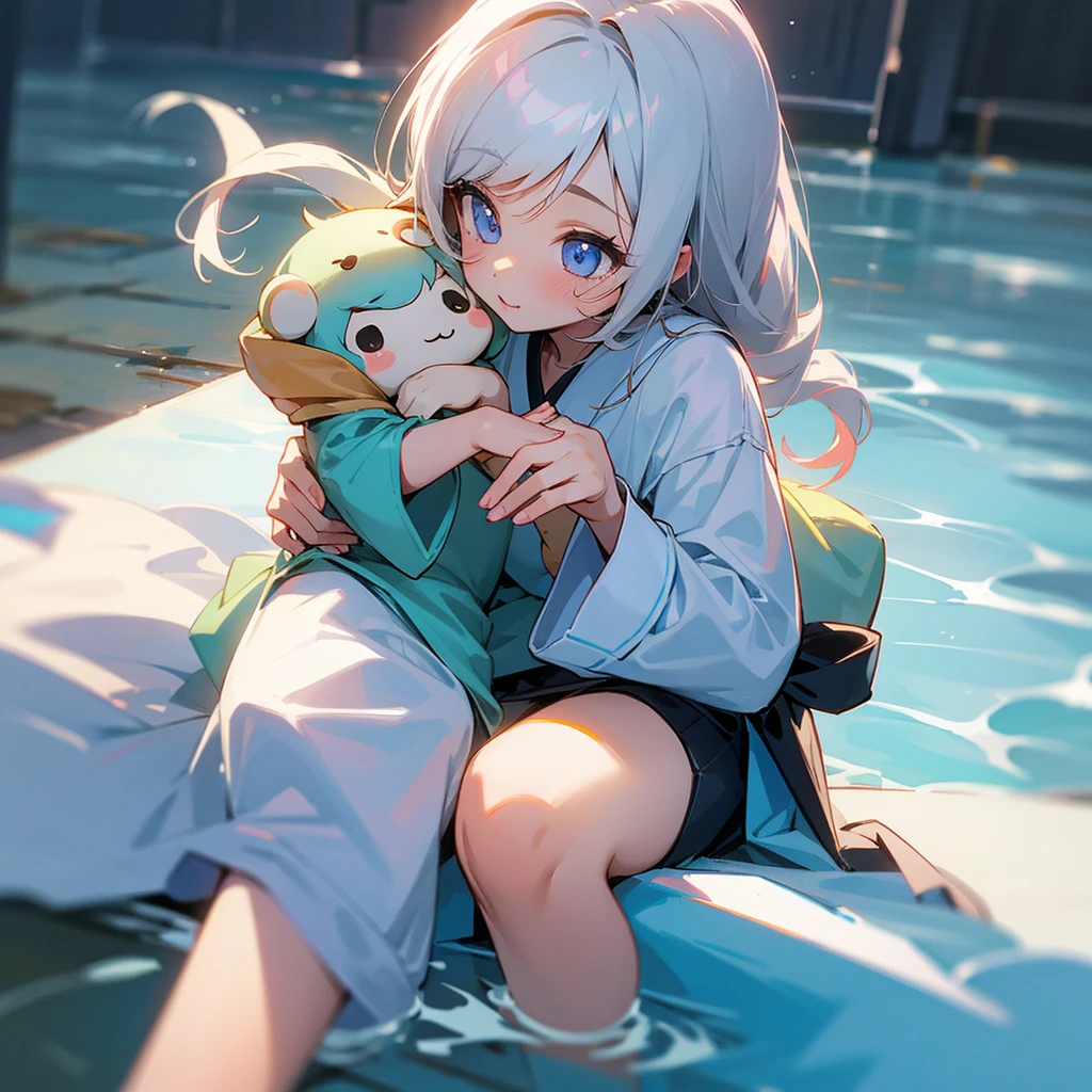 This is America、((A cute sleepy girl in pajamas walking along a riverbed in the middle of the night, holding a pillow))、Cute blonde American girl、A pink tapir, a rare animal, snuggles up to the little girl、13 years old、UFO in the distance、semi-long、(sleepwalking)、There aren&#39;t many streets.、((It&#39;s pitch black outside))、Dream world、masterpiece, Masterpiece Best Quality, Highest quality ultra detailed, Super detailed highres, High resolution, High resolution 4k skin, realistic, Realistic RAW photo, Raw photo real person, Real people portrait photography, Photorealistic portrait photography, Photorealistic shiny skin, Shiny skin Detailed skin, Detailed