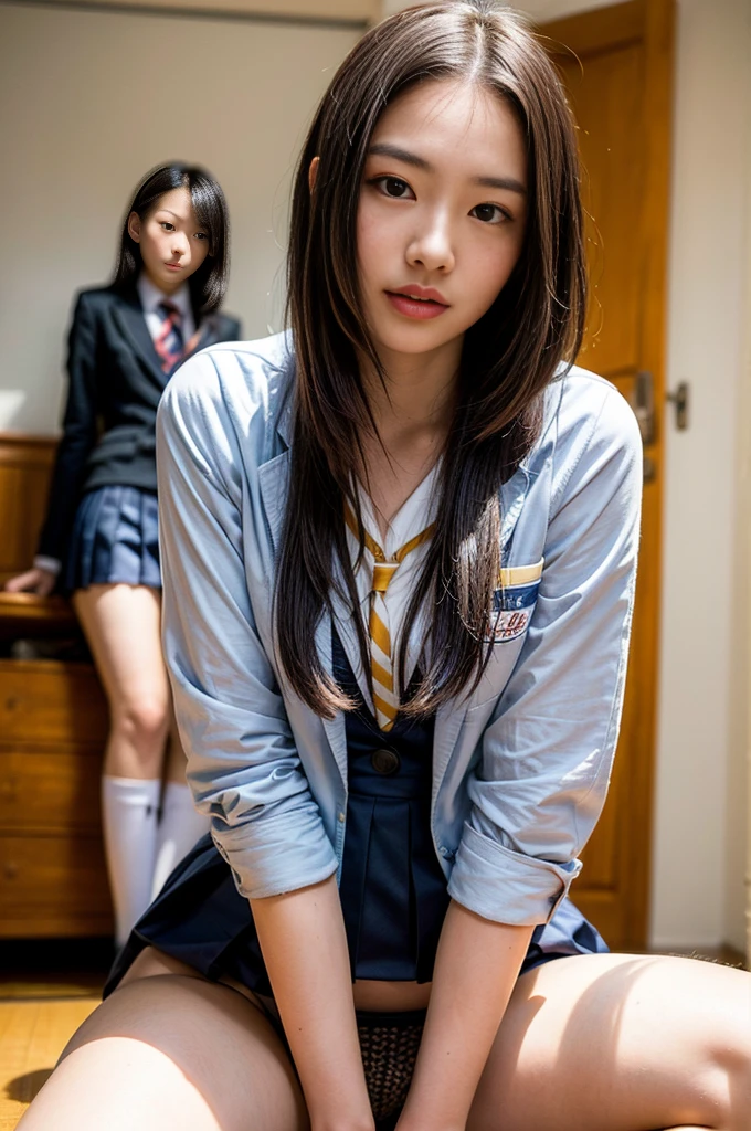 8k, RAW Portrait (Japanese women),masterpiece、Photorealistic:1.3、Realistic, Ultra-high resolution, highest quality, Real Life Photos ,( In the evening :1.1), ((((2 girls:1.5)))), (((Two girls showing off their panties In the room)))、(Cute Face:1.3)、日本の2 girls,((Two Japanese high school girls))、((Two real high school girls))、((Japanese High School Uniform:1.6))、(cardigan、Pleated skirt)、 Short Hair,,Slender body,、In the room、 big and beautiful fine eyes, Black Hair,(Written boundary depth:1.3)、 ((Dark brown eyes:1.2))、(Real skin texture:1.3)、(Immersive atmosphere:0.8、Chiaroscuro:1.2) 、(Look Viewer:1.3)、((Embarrassing))、((Red cheeks:1.3))、((From belowの天井:1.2))、(smile:1.2)、((((Wearing very small black panties))))、((Panty shot))、((A woman rolling up her skirt))、((From below:1.35))、((Panties close up:1.59))、((Panty shot))、The most beautiful woman in the world、The most beautiful woman in the world、((Spread your legs out to the side:1.4)),Shirt lift,Small breasts,Small nipples