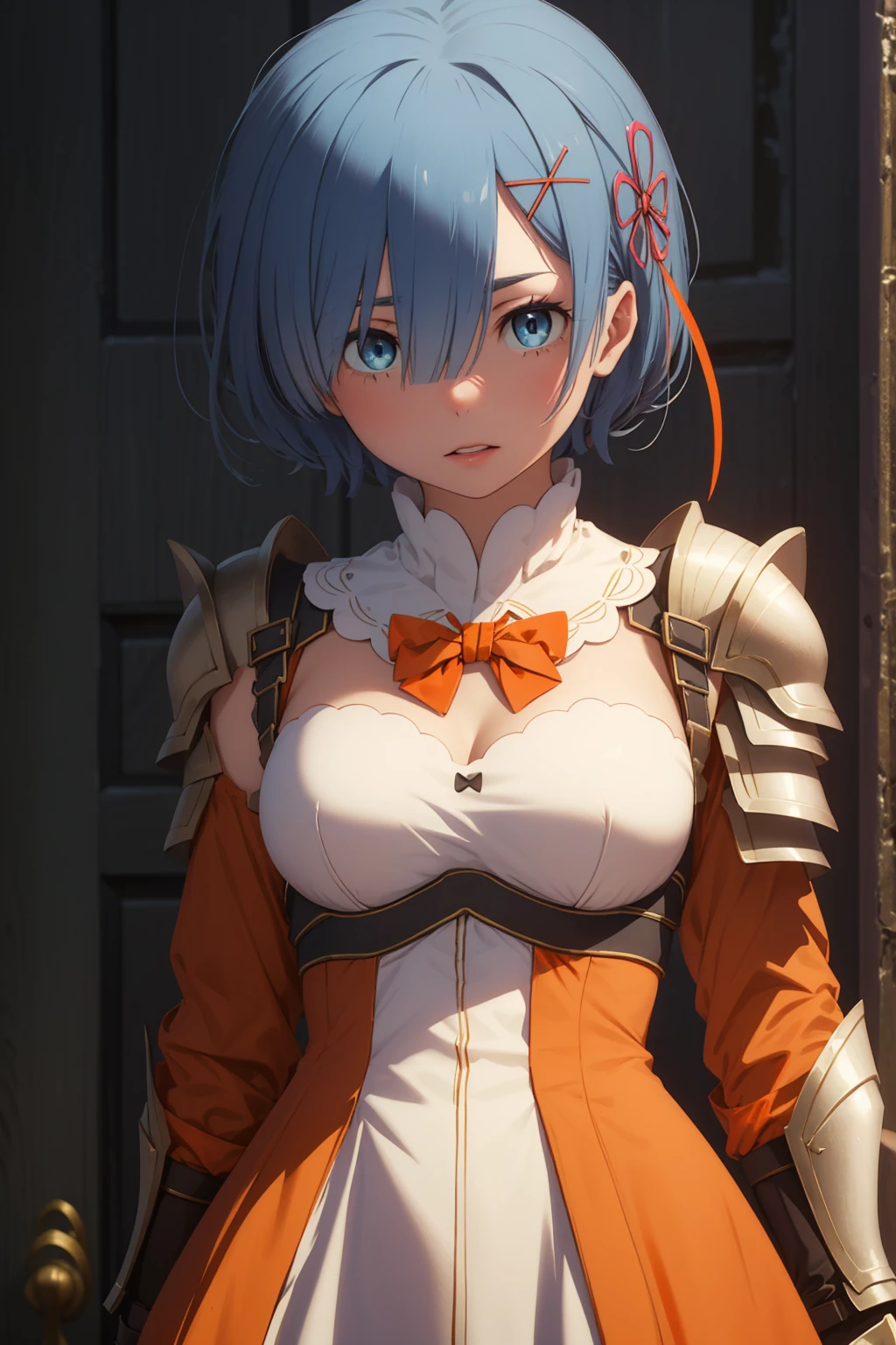 ph_rem, remhd, 1girl, blue hair, solo, blue eyes, x hair ornament,
BREAK (red bowtie, shoulder armor, sidelocks, (white armor:1.5), breastplate, (orange dress:1.5):1.2),
BREAK (masterpiece:1.2), best quality, high resolution, unity 8k wallpaper, (illustration:0.8), (beautiful detailed eyes:1.6), extremely detailed face, perfect lighting, extremely detailed CG, (perfect hands, perfect anatomy),