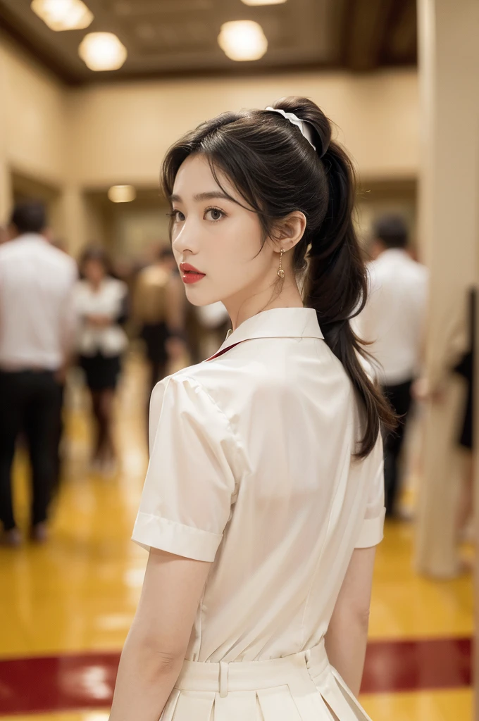 ((((8k))),((Extremely meticulous CG)) ,(wallpaper),16k,((Extremely refined and beautiful)),(((Masterpiece))),(((best qualtiy))),(((Ultra High Resolution))),beautiful light up,Perfect lightning,realistic shaded,(Smooth and flawless skin:1.5),(Extremely exquisite facial details:1.2),(perfect body:1.2),(ultra-detailed),((A beautiful girl,solo)),(small head:1.2),(pale skin:1.3),(short ponytail:1.3),(small face:1.2),(baby face:1.3),(glasses:1.2),(Exquisite makeup:1.2),(red lips:1.2),(parted lips:1.2),((slim,thin)),(disgusted expression:1.5),(short sleeves:1.2),(crystal necklace:1.2),(collared white uniform shirt:1.5),(shoulder off:1.3),(bare backs:1.3),(towering hips:1.3),(butt crack:1.3),(black pantyhose:1.5),(slender legs:1.2),(indoor:1.3),(summer:1.3),(detailed background:1.5),(standing:1.3),(arms behind back:1.2),(upper body:1.3),(from back:1.3),(day scene:1.5),(In a luxurious Hall:1.5),(bright and vivid colors:1.3),(surrounded by crowded crowds:1.3),Exchange, stock, trading floor, bustling, vibrant, large open space, polished floor, high ceilings, monitors, real-time market data, phones ringing, traders talking, efficient operation, trading desks, brokers booths, senior staff offices, equipped computers, telephones, raised platform, pit, brokers, dealers, activity, hushed tones, personnel, roles, responsibilities, traders, suits, monitoring screens, market movements, brokers, negotiation, clients, dealers, execution, efficiently effectively, organized space, buying selling stocks
