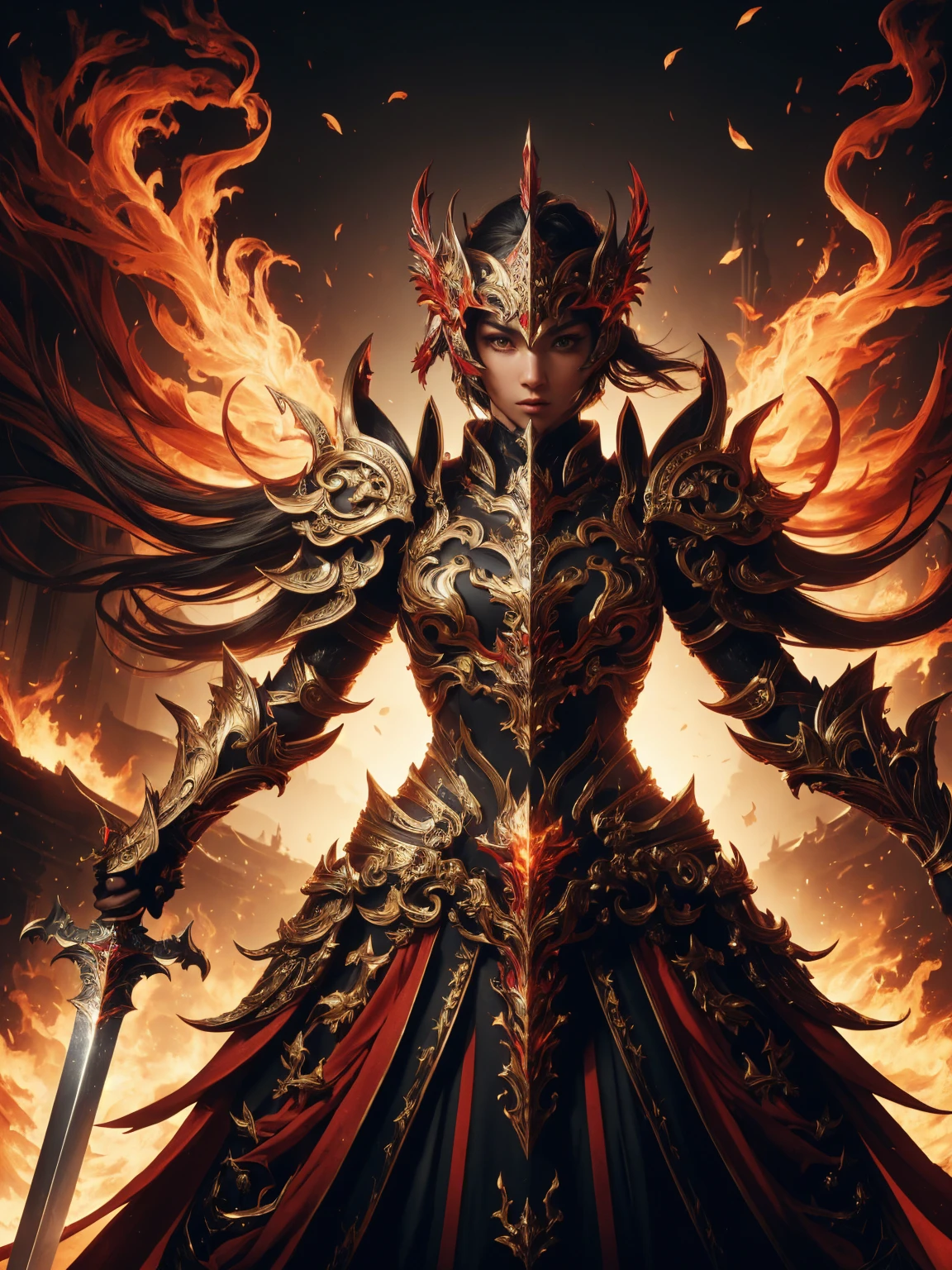 ((Low angle view)), ((Detailed background)), ((Battlefield, group of armies)), (masterpiece, top quality, best quality, official art, beautiful and aesthetic:1.2), (1girl),craft a Hyper-realistic portrayal of a futuristic (1girl1.2), beautiful character donned in intricate armor surrounded by captivating flames, an epic long (sword:1.2), Dynamic pose, Random pose, Dynamic angle, battle stance, Meticulous details capture the intense fusion of tradition and innovation in this visually stunning composition. Trending on Artstation. Perfect lighting,,