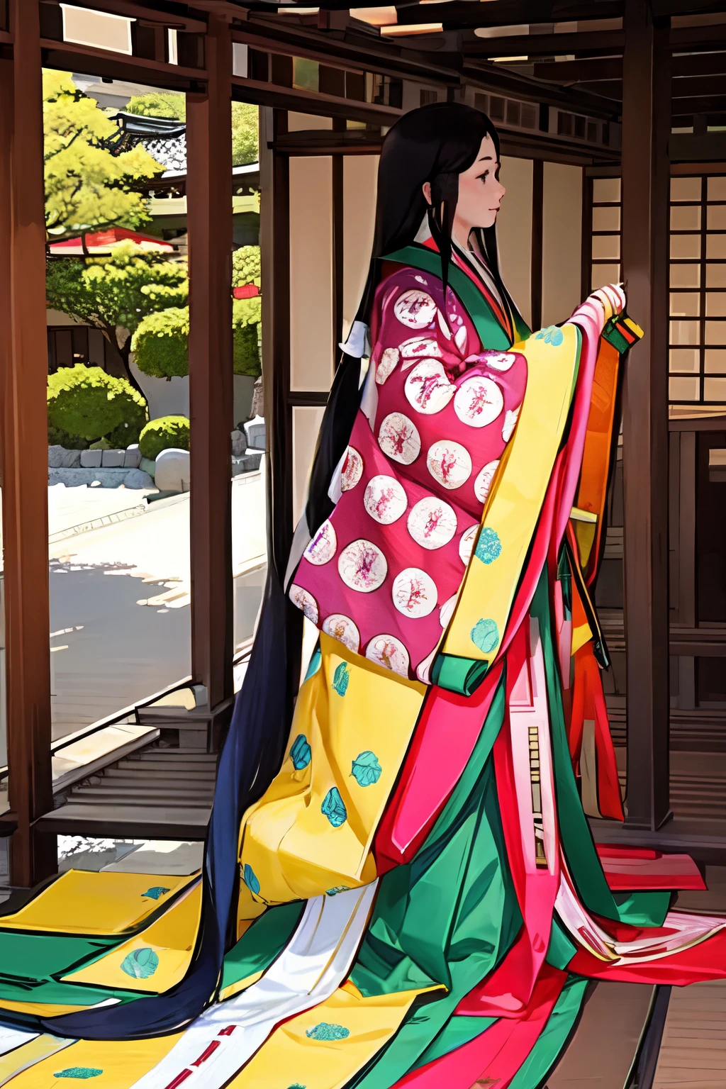 (masterpiece, highest quality:1.2), One girl, junihitoe, solo, Straight long black hair、open hiohgi、kabeshiro, lattice、Corridor、Japanese garden、