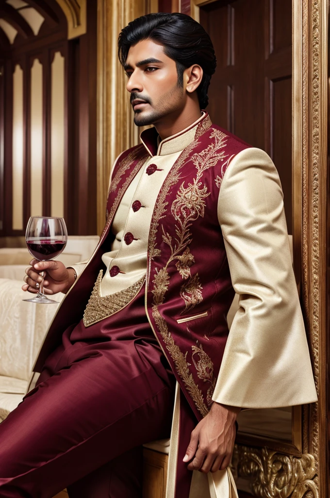 A man with a ivory sherwani with a wine red color full sleeve long jacket