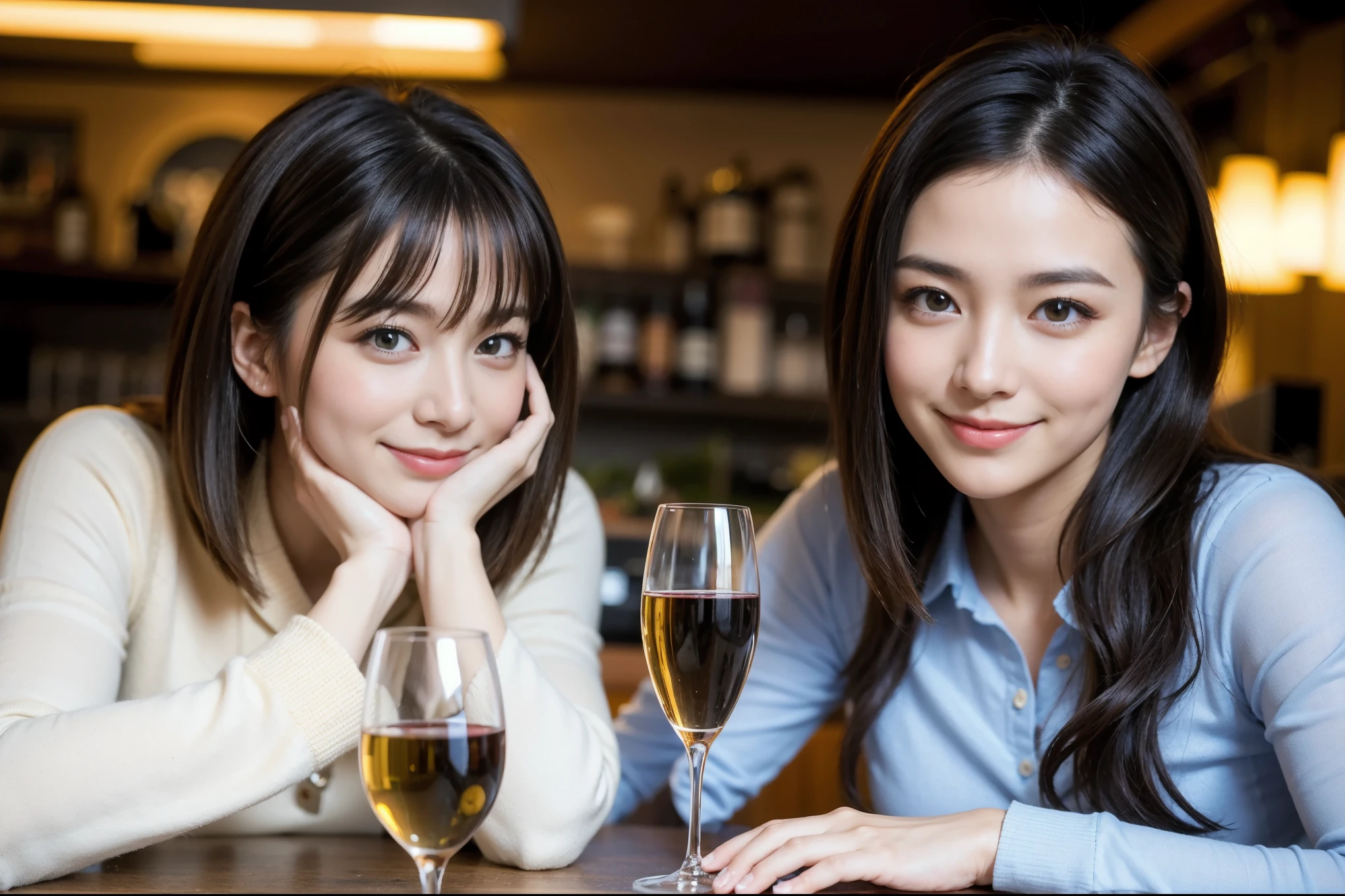 ((highest quality、8k、masterpiece:1.3))、1 male、1 female、spouse、I really like it、Beautiful couple、The body is slim、テーブルの上のwine glass、Facial Lighting、full-course dinner、 Amazing view of the sunset sky and clouds、A bright smile、The wonderfulness of smile、Bright image、Beautiful Face, short hair,Bright Face、 (43 years old), 39 years old, red wine 、Appetizers、Italian food、Wine bottle、Champagne、sparkling wine、Two beauties、Brown Hair、Shortcuts、Long sleeve shirt、dress、Pretty Woman 1, (slimな顔), (The body is slim), (Brown Hair), (Shortcuts), cheeks turn a little red,Attractive beauty、restaurant, In a prominent place (From the waist up) Nova Frog Style, actress, model, Upper Body, White wine, slim, wine glass, 中央に置かれたwine glass, smile, (smile: 1.15), Beautiful fine grain, Depth f/2,saturation, High Contrast, Strong light and shadow,Moist Body:1.5、3D texture、Delicate eyes、Brown Hair、The hair is very shiny、