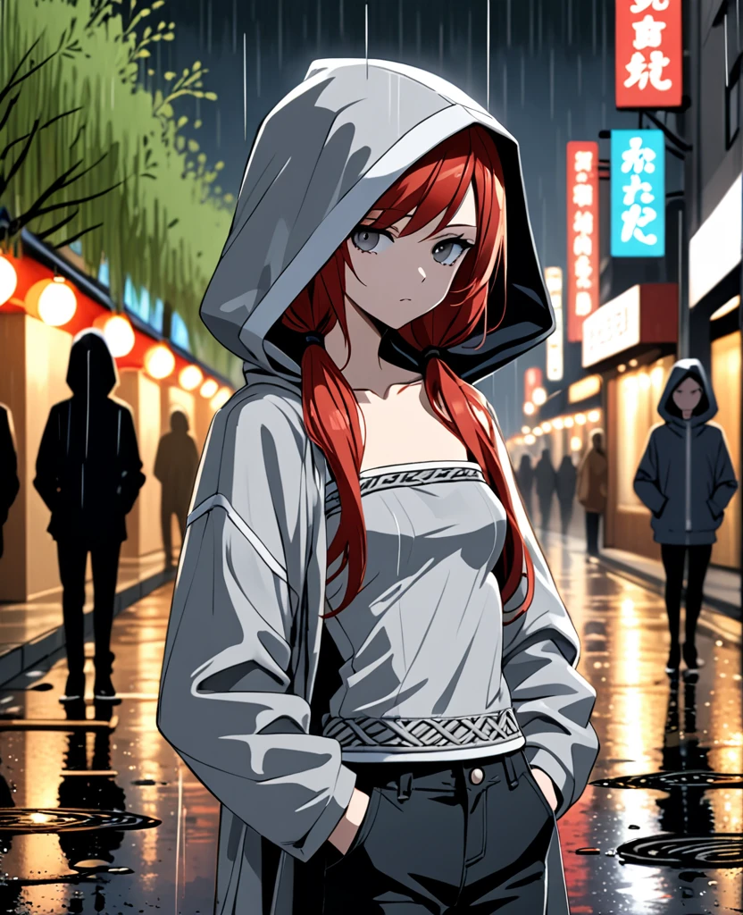 【Highest Quality, masutepiece】 [young woman, expressioness,deep gray eyes, front facing,swept bangs, red hair,low twin tails,grat knit cloth, strapless gray top with white trim,  black jeans, holding umbrella, hood up, stoic, hands in pockets, Upper body] (Gloomy background:1.2),small breasts ,street at night, rain, puddles, willow trees, people in background, 