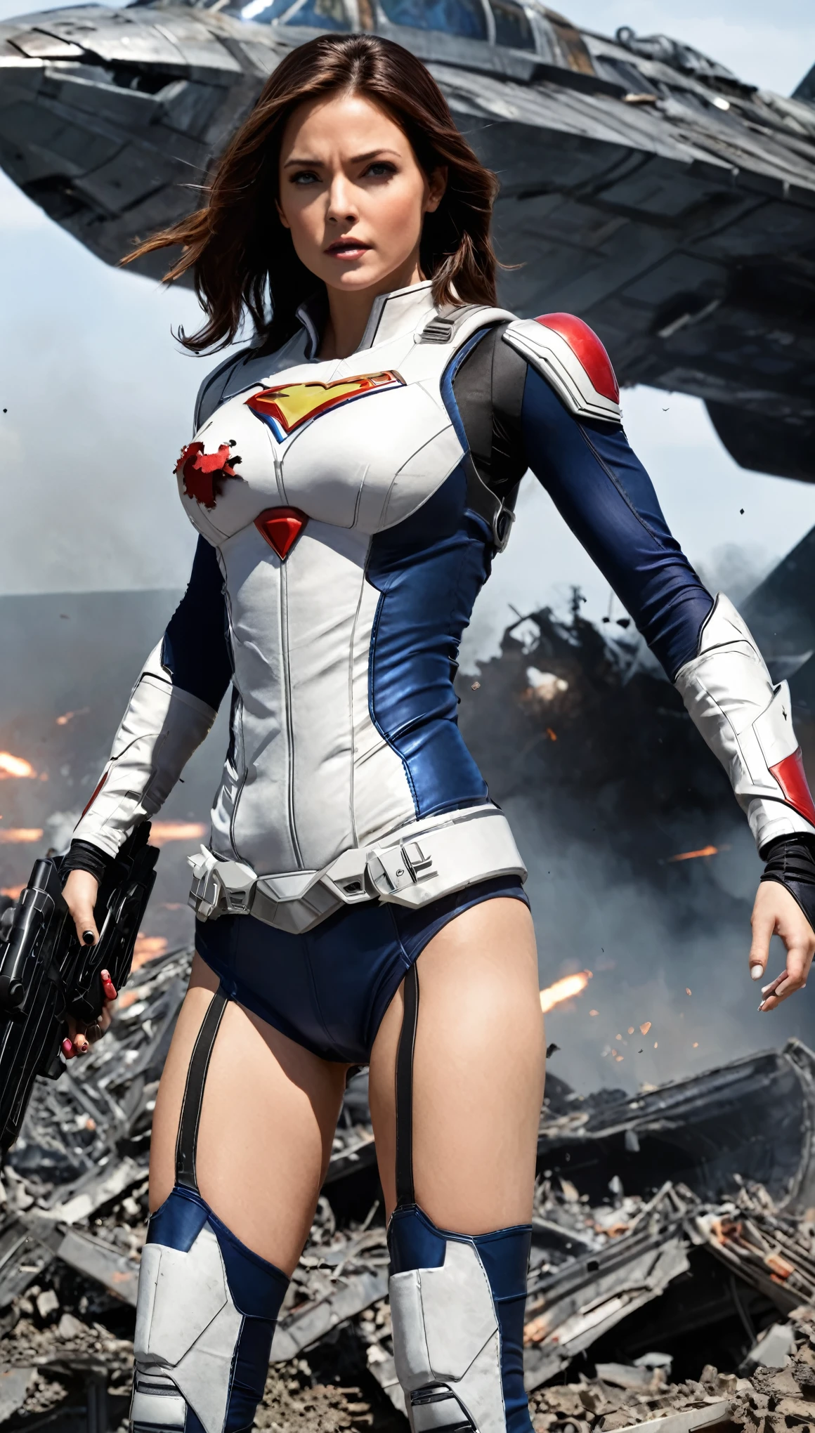 Superwoman High quality gun-equipped female protagonist、Boldly placed in front of a devastatingly destroyed spaceship、It&#39;s reminiscent of the official character art。On a desolate background、Dust from a once thriving galaxy々The remains of the、It reminds me of the setting of a fallen empire.。The surrounding atmosphere　A woman stands out in the foreground.、Her images are ultra-detailed, high-resolution masterpieces.。Slim figure