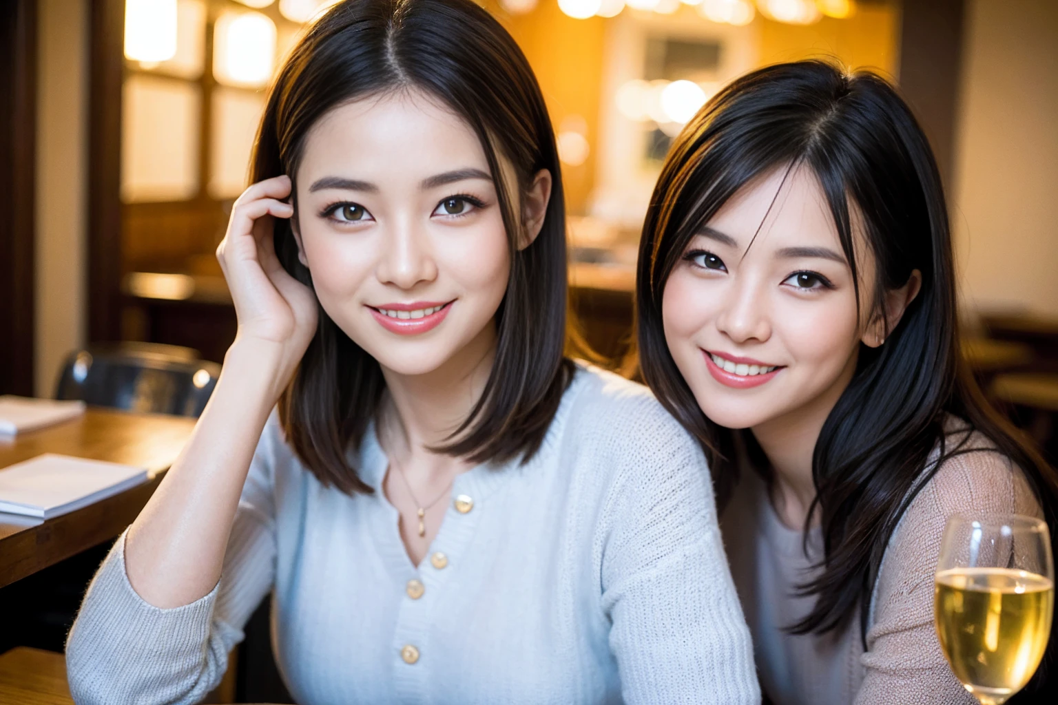 ((highest quality、8k、masterpiece:1.3))、1 male、1 female、spouse、I really like it、Beautiful couple、The body is slim、テーブルの上のwine glass、Facial Lighting、full-course dinner、 Amazing view of the sunset sky and clouds、A bright smile、The wonderfulness of smile、Bright image、Beautiful Face, short hair,Bright Face、 (43 years old), 39 years old, red wine 、Appetizers、Italian food、Wine bottle、Champagne、sparkling wine、Two beauties、Brown Hair、Shortcuts、Long sleeve shirt、dress、Pretty Woman 1, (slimな顔), (The body is slim), (Brown Hair), (Shortcuts), cheeks turn a little red,Attractive beauty、restaurant, In a prominent place (From the waist up) Nova Frog Style, actress, model, Upper Body, White wine, slim, wine glass, 中央に置かれたwine glass, smile, (smile: 1.15), Beautiful fine grain, Depth f/2,saturation, High Contrast, Strong light and shadow,Moist Body:1.5、3D texture、Delicate eyes、Brown Hair、The hair is very shiny、