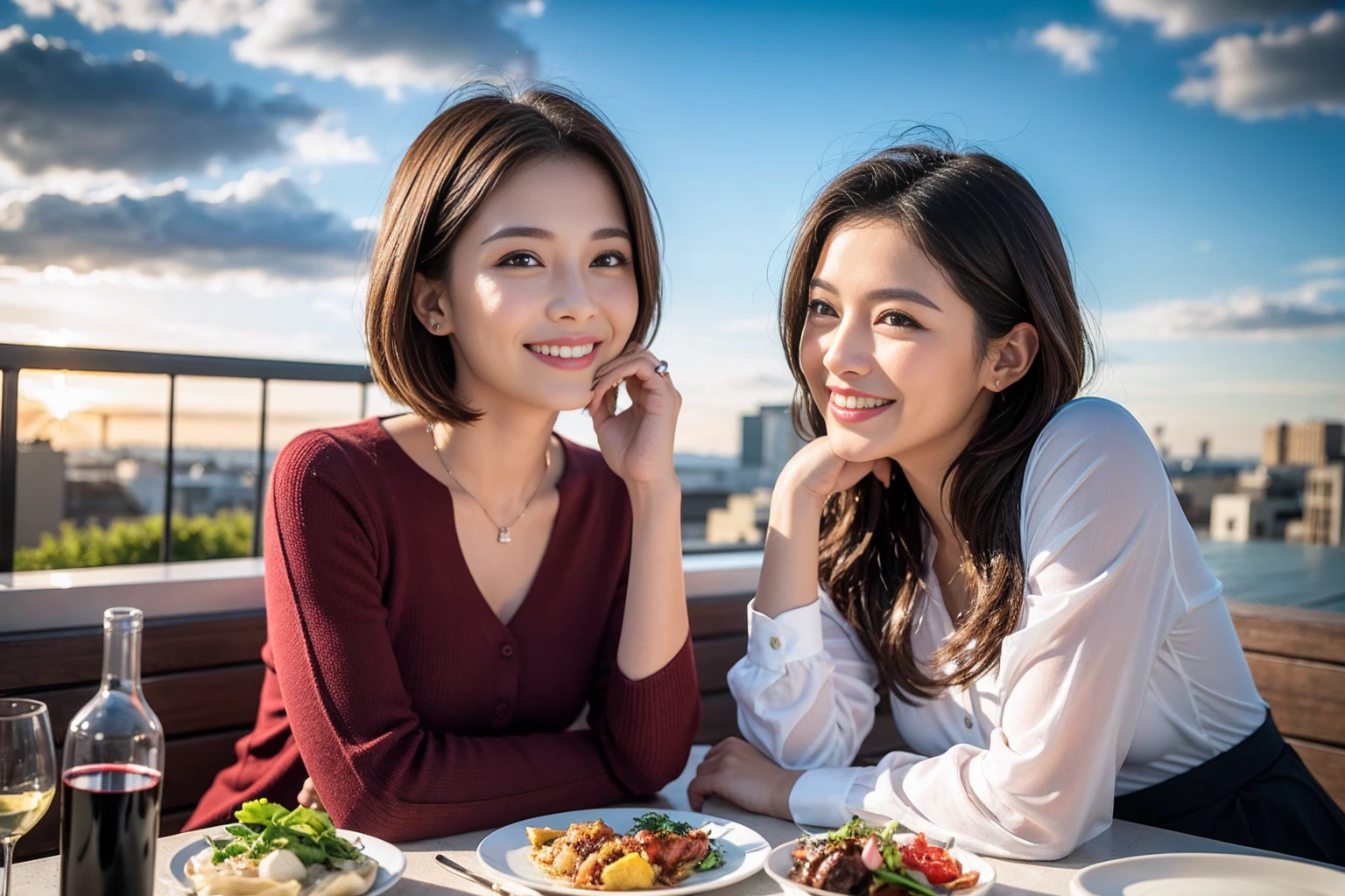 ((highest quality、8k、masterpiece:1.3))、1 male、1 female、spouse、I really like it、Beautiful couple、The body is slim、テーブルの上のwine glass、Facial Lighting、full-course dinner、 Amazing view of the sunset sky and clouds、A bright smile、The wonderfulness of smile、Bright image、Beautiful Face, short hair,Bright Face、 (43 years old), 39 years old, red wine 、Appetizers、Italian food、Wine bottle、Champagne、sparkling wine、Two beauties、Brown Hair、Shortcuts、Long sleeve shirt、dress、Pretty Woman 1, (slimな顔), (The body is slim), (Brown Hair), (Shortcuts), cheeks turn a little red,Attractive beauty、restaurant, In a prominent place (From the waist up) Nova Frog Style, actress, model, Upper Body, White wine, slim, wine glass, 中央に置かれたwine glass, smile, (smile: 1.15), Beautiful fine grain, Depth f/2,saturation, High Contrast, Strong light and shadow,Moist Body:1.5、3D texture、Delicate eyes、Brown Hair、The hair is very shiny、