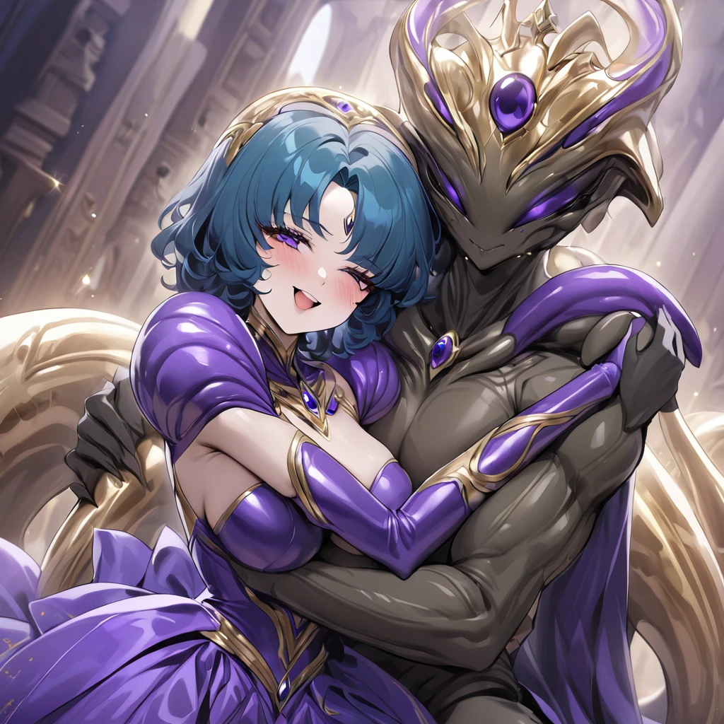 ((highest quality)), ((masterpiece)), (detailed), （Perfect Face）、The woman is an alien named Mercury, wearing a gorgeous alien dress decorated in purple and black with gold, with short blue hair and a completely alien body.、The woman is happily cuddling with the powerful alien king.
