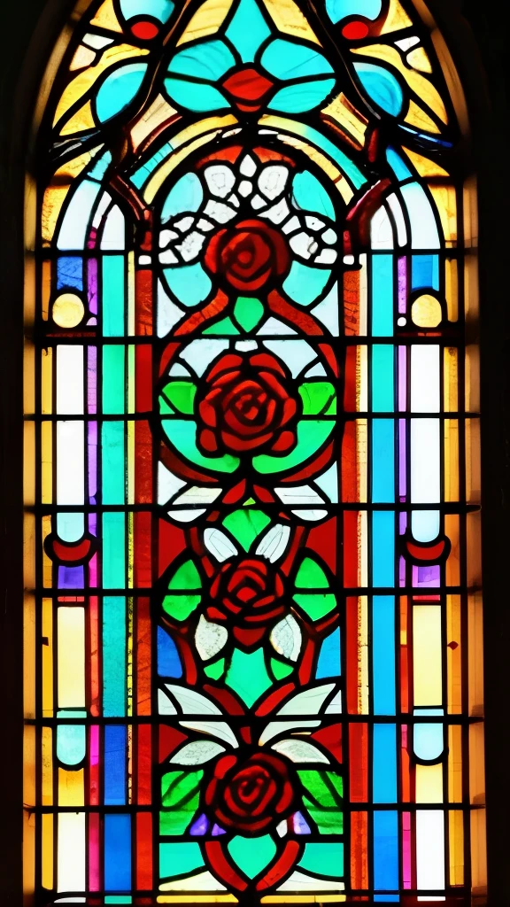 a stained glass window with a rose and leaves in it, maxim verehin stained glass, stained glass art, translucent roses ornate, stained glass style, stained glass, stain glass, stained glass!!, gothic stained glass style, roses, beautiful glass work, masterpiece stained glass, by Dechko Uzunov, rosses, intricate stained glass, red roses, stained