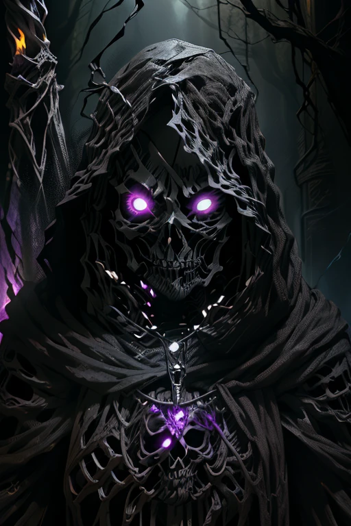 skeleton with purple lights in eye sockets.(realistic illustration:1.3),((dark fantasy:1.4)). ((black skull face:1.4)), ((Hooded)) shadow ((wraith)) in black battle armor, tall, imposing, (glowing violet eyes:1.2), (cross pendant:1.3). brandishing black ((great sword)) in purple flames. masterpiece