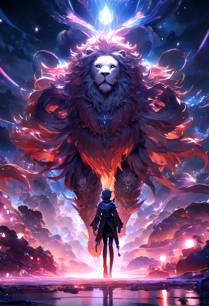 Fantasy World Lion,Emits a blue-violet light,Glow effect,night,Medium shot scenes,Like the whole body, Highly detailed surreal VFX,OC Rendering,Shot at 70mm - AR