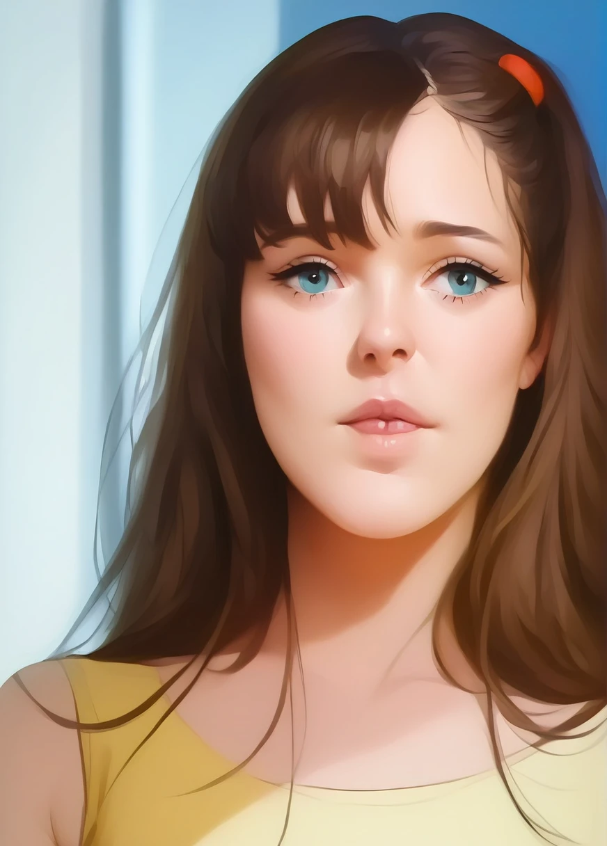 a beautiful girl with blue eyes and brown hair, one side of her hair is up with hair bobbles, she has long hair and a hair ornament, she is wearing a yellow sleeveless shirt and a blue pleated skirt, (best quality,4k,8k,highres,masterpiece:1.2),ultra-detailed,(realistic,photorealistic,photo-realistic:1.37),portrait,highly detailed,intricate details,exquisite,elegant,beautiful,stunning,vibrant colors,soft lighting,warm tones