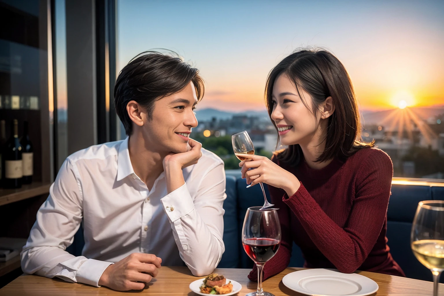 ((highest quality、8k、masterpiece:1.3))、 (Genuineistic, Genuine、Bright image、Intricate details:1.2), 最高のsmile 男性1人 女性1人、Beautiful Couple、spouse、Couple、spouse、actress、モデルCouple、smile、full-course dinner、 (Slim face), (the body is slim), (Brown Hair), (short hair), テーブルの上のwine glass、Please shine a light on my face、 Amazing view of the sunset sky and clouds、 (42 years old), 39 years old, red wine 、Appetizers、Wine bottle、sparkling wine、Long sleeve shirt、dress、White wine, red wine, wine glass, 