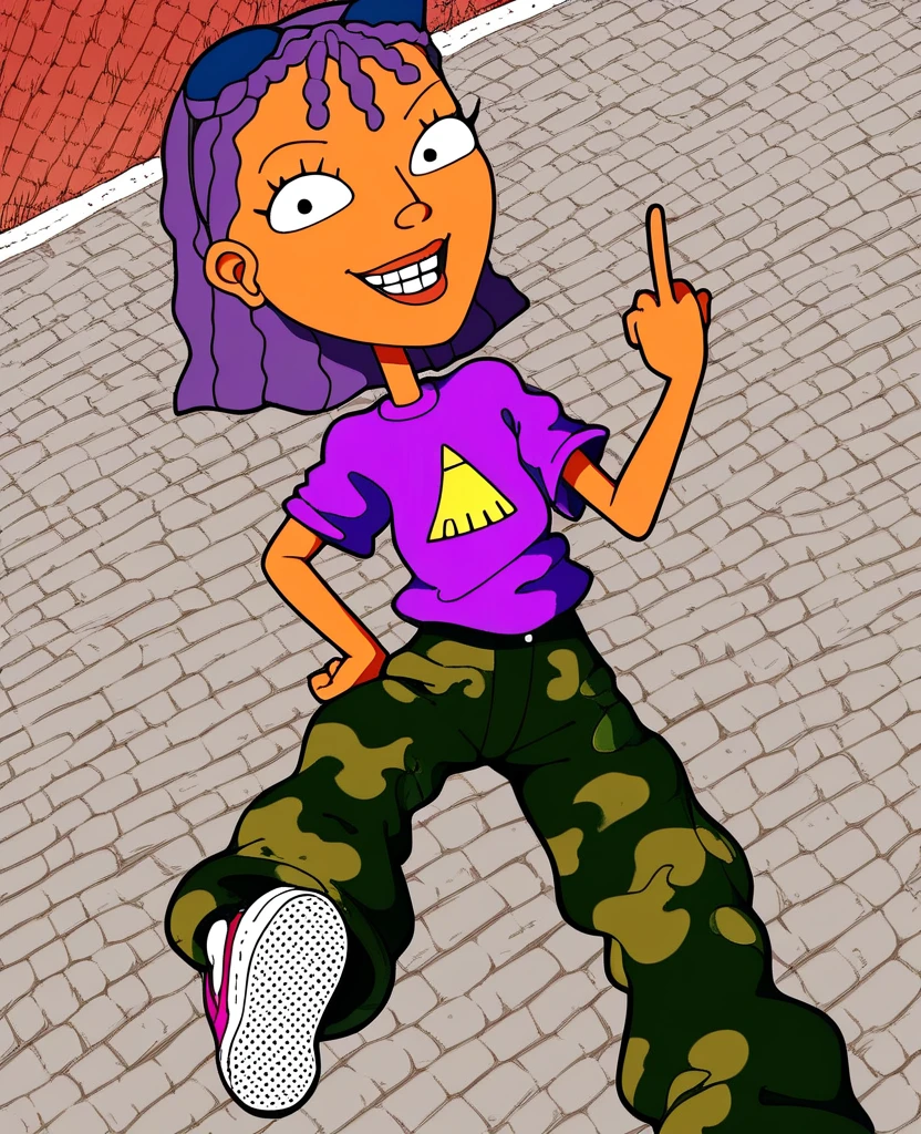 score_8_up, score_9, 1girl, Reggie, purple hair, outdoors, purple t-shirt, camo pants, sneakers, posing , smiling, looking on viewer, middle finger pointed at viewer, tan skin, 