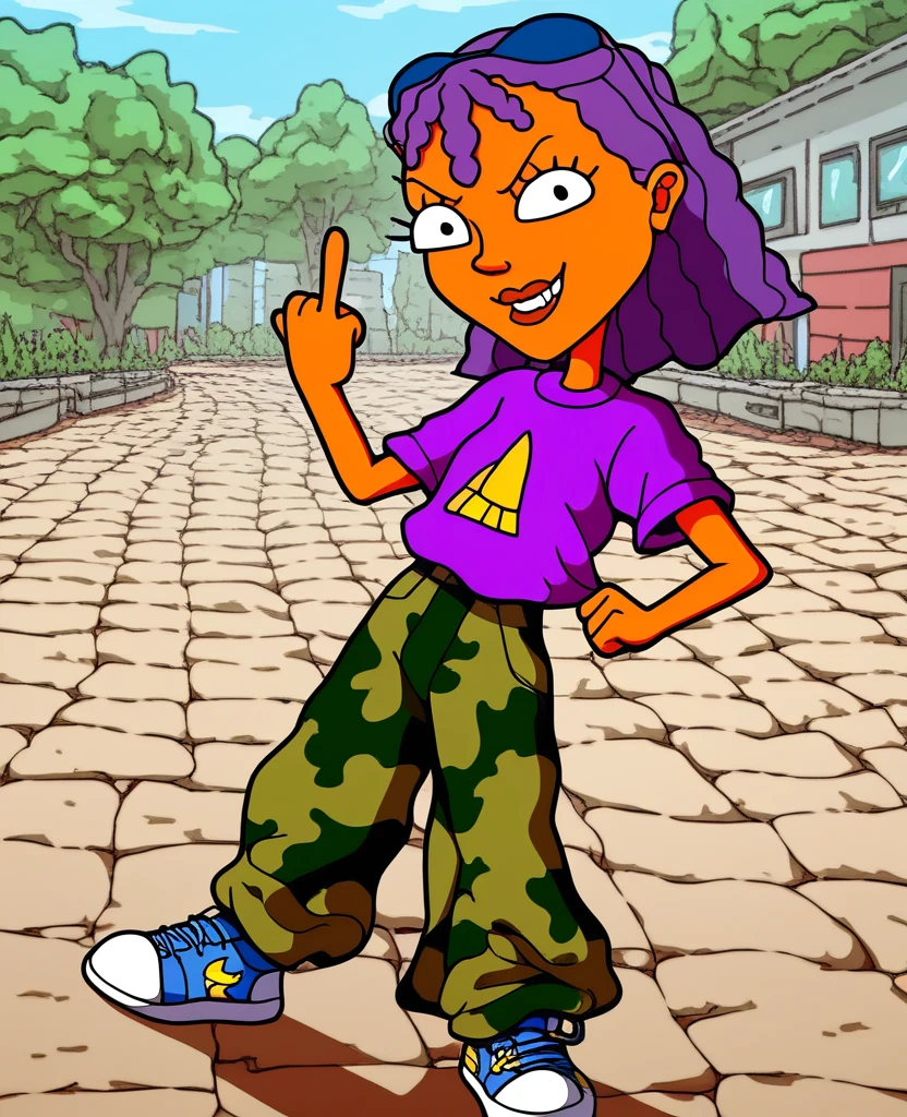 score_8_up, score_9, 1girl, Reggie, purple hair, outdoors, purple t-shirt, camo pants, sneakers, posing , smiling, looking on viewer, middle finger pointed at viewer, tan skin,