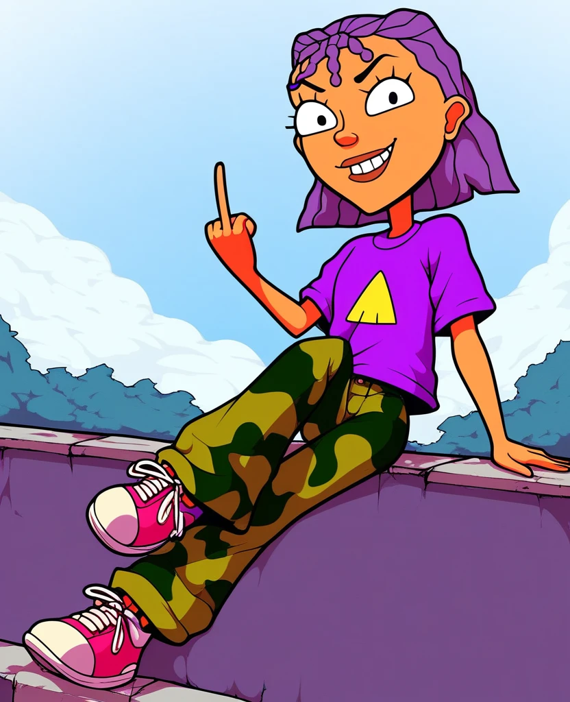 score_8_up, score_9, 1girl, Reggie, purple hair, outdoors, purple t-shirt, camo pants, sneakers, posing , smiling, looking on viewer, middle finger pointed at viewer, tan skin,