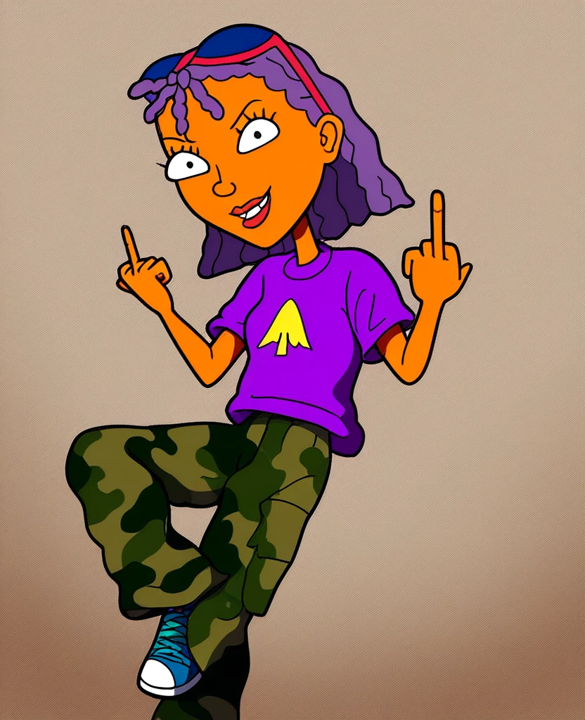 score_8_up, score_9, 1girl, Reggie, purple hair, outdoors, purple t-shirt, camo pants, sneakers, posing , smiling, looking on viewer, middle finger pointed at viewer, tan skin,