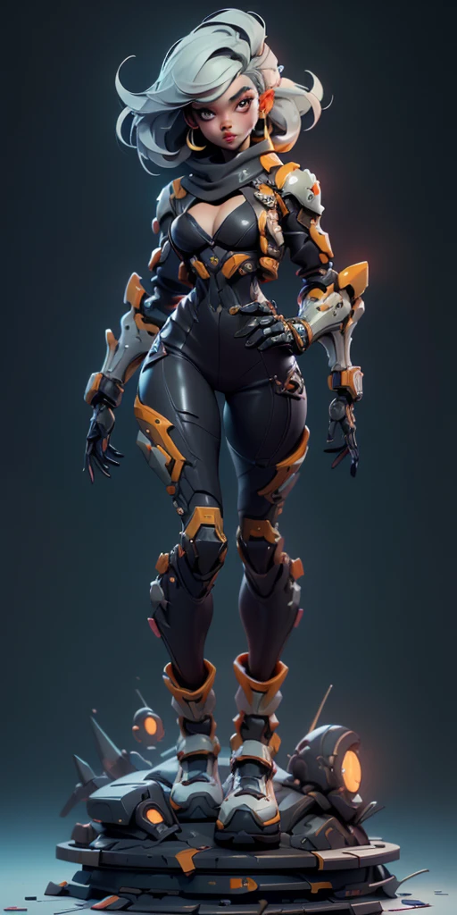 ((full body concept art, simple background)), ((Best Quality, best resolution, award-winning portrait, official art)), ((perfect Masterpiece)). Young beautiful girl, (detailed: 1.4), (Absurd), mature woman, beautiful face, perfect body, bare thighs, long legs, cyberpunk post apocalyptic colors. She has (short white hair), wears a (Harajuku-inspired cyberpunk tech-wear bottom:1.2) , jacket, ((the most beautiful and sexy aesthetic)), sexy, cleavage showing, hot, sexy, seductive posture, mecha arm, tech suit,black jeans that fit her body and a skin tight black T-shirt, Hightech scarf, cloak, stylish, glowing trims,digital art, black robot joints, very stylish, award-winning product design, (wearing smooth organic tech armor), (long shapeless hair), big breasts, revealing clothes, ((dynamic pose)), (Depth-of-field), Maximum clarity and sharpness, Octane Render, (Cinematic lighting), shiny glossy skin, tight full body suit, Wearing latex, shiny and metallic, Glowing cybernetic joint details, Glossy,Cloak, exoskeleton,super huge enormously gigantic , cleavage showing,