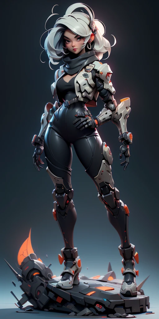 ((full body concept art, simple background)), ((Best Quality, best resolution, award-winning portrait, official art)), ((perfect Masterpiece)). Young beautiful girl, (detailed: 1.4), (Absurd), mature woman, beautiful face, perfect body, bare thighs, long legs, cyberpunk post apocalyptic colors. She has (short white hair), wears a (Harajuku-inspired cyberpunk tech-wear bottom:1.2) , jacket, ((the most beautiful and sexy aesthetic)), sexy, cleavage showing, hot, sexy, seductive posture, mecha arm, tech suit,black jeans that fit her body and a skin tight black T-shirt, Hightech scarf, cloak, stylish, glowing trims,digital art, black robot joints, very stylish, award-winning product design, (wearing smooth organic tech armor), (long shapeless hair), big breasts, revealing clothes, ((dynamic pose)), (Depth-of-field), Maximum clarity and sharpness, Octane Render, (Cinematic lighting), shiny glossy skin, tight full body suit, Wearing latex, shiny and metallic, Glowing cybernetic joint details, Glossy,Cloak, exoskeleton,super huge enormously gigantic , cleavage showing,