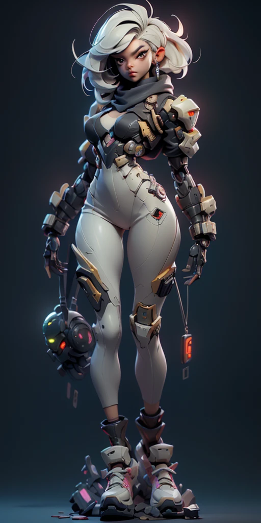 ((full body concept art, simple background)), ((Best Quality, best resolution, award-winning portrait, official art)), ((perfect Masterpiece)). Young beautiful girl, (detailed: 1.4), (Absurd), mature woman, beautiful face, perfect body, bare thighs, long legs, cyberpunk post apocalyptic colors. She has (short white hair), wears a (Harajuku-inspired cyberpunk tech-wear bottom:1.2) , jacket, ((the most beautiful and sexy aesthetic)), sexy, cleavage showing, hot, sexy, seductive posture, mecha arm, tech suit,black jeans that fit her body and a skin tight black T-shirt, Hightech scarf, cloak, stylish, glowing trims,digital art, black robot joints, very stylish, award-winning product design, (wearing smooth organic tech armor), (long shapeless hair), big breasts, revealing clothes, ((dynamic pose)), (Depth-of-field), Maximum clarity and sharpness, Octane Render, (Cinematic lighting), shiny glossy skin, tight full body suit, Wearing latex, shiny and metallic, Glowing cybernetic joint details, Glossy,Cloak, exoskeleton,super huge enormously gigantic , cleavage showing,