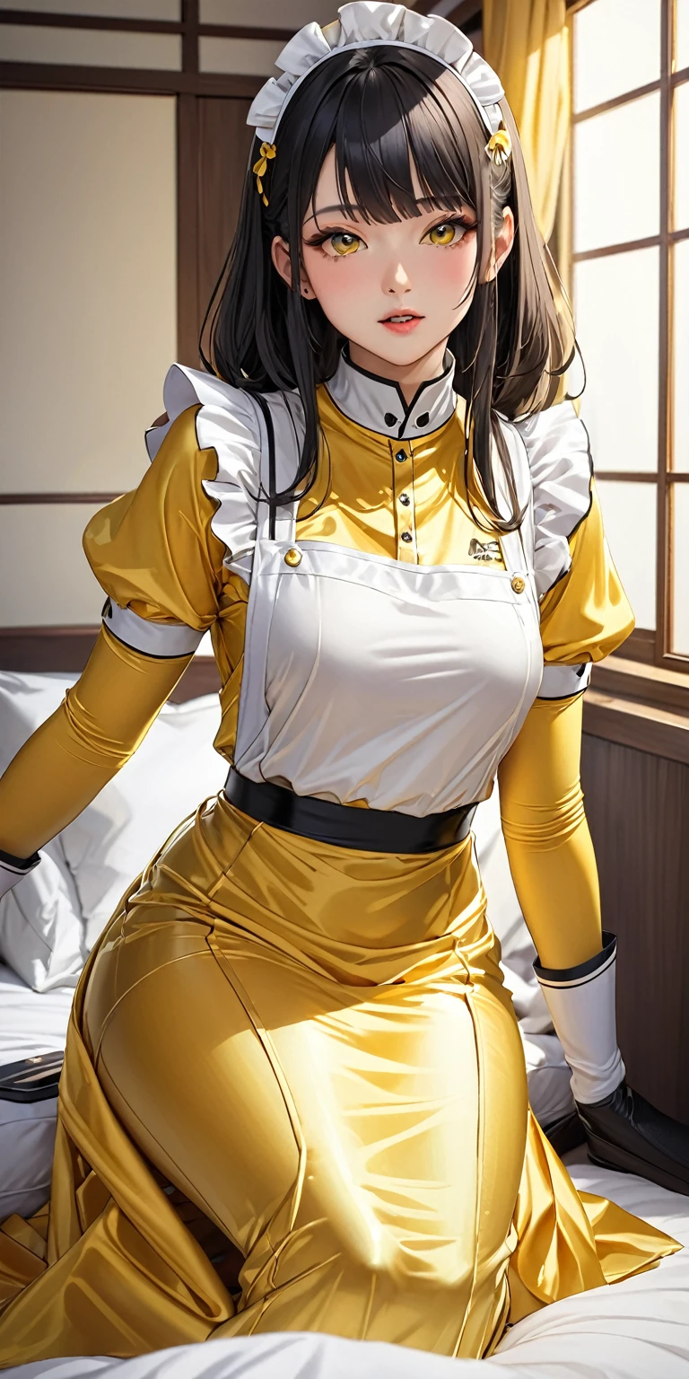 (masterpiece,highest quality,超A high resolution),Japanese women, (((Very beautiful 25 year old girl))),(A tight-fitting yellow satin maid outfit)、((A tight-fitting yellow satin long skirt))、(Yellow satin long sleeve shirt)、Yellow satin long gloves、Yellow satin apron、The clothes fit snugly to the body、Satin has a very high shine.、Dark Room