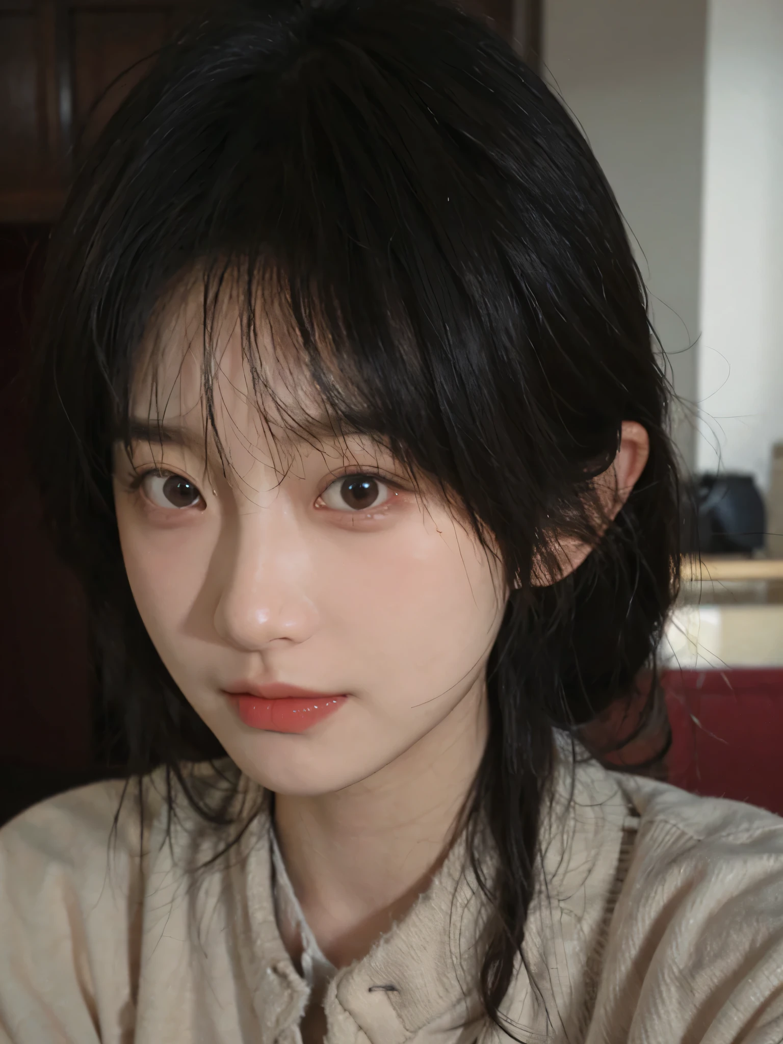Best quality， Ultra-high resolution， （realistically：1.4）， A woman with long black hair and a gray sweater, The middle view is, JK ，under a ray of sunshine，She has black hair，through bangs, young lovely Korean faces, Cute Korean face, Urzans, Shin Jinying, beautiful aesthetic face, Korean facial features, Played by Liu Li Zhien ，beautiful realistic face