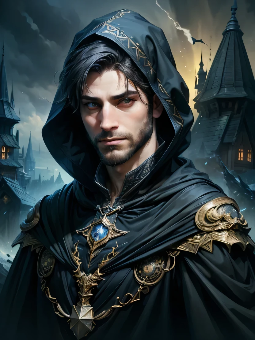 ((masterpiece、highest quality、Very detailed、High resolution、Realistic、Sharp focus))、Bust Shot、Focus on the chest up、Handsome young male wizard wearing a charming hood、(Black Hair、A calm face、Sharp Eye)、beard、Dark atmosphere、View your audience、Detailed depiction of the hand、Dynamic Action、oil painting、Wizardrope