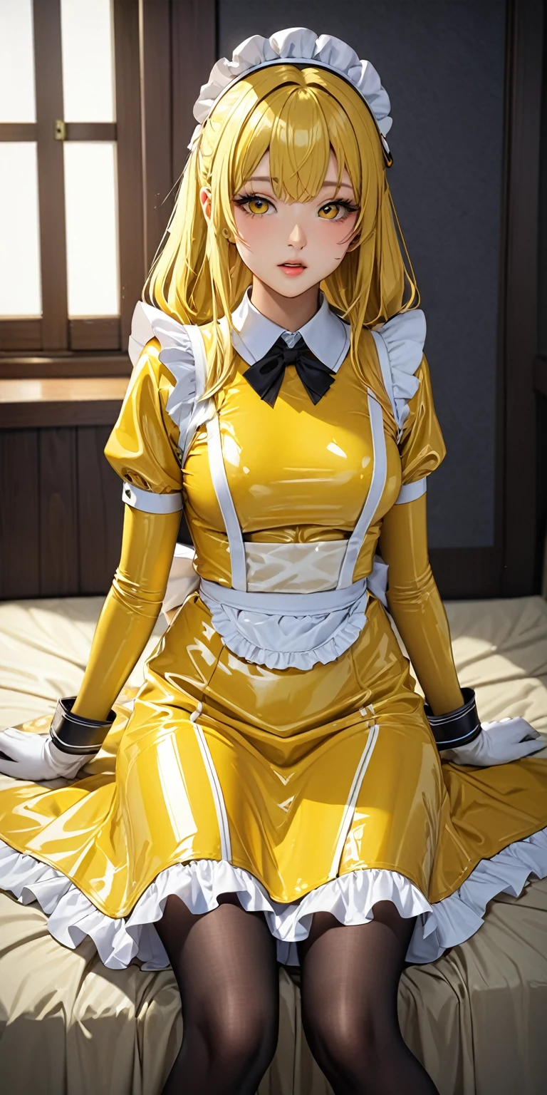 (masterpiece,highest quality,超A high resolution),Japanese women, (((Very beautiful 25 year old girl))),(Yellow latex maid outfit)、Yellow latex long skirt、(Yellow latex long sleeve shirt)、Yellow latex long gloves、The clothes fit snugly to the body、Latex is very shiny.、Dark Room