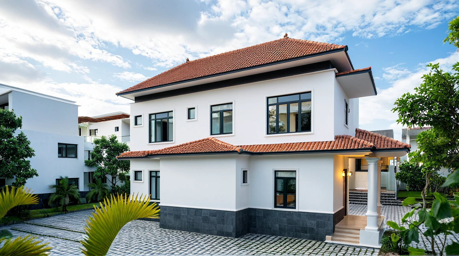 Masterpiece, high quality, best quality, authentic, super detail, outdoors, onestoreyvillaXL, aiaigroup, house style modern on the street, ((luxury villa)), stairs, white wall ,road,pavement, grass, trees, sky, cloud, (daylight:1.1),
