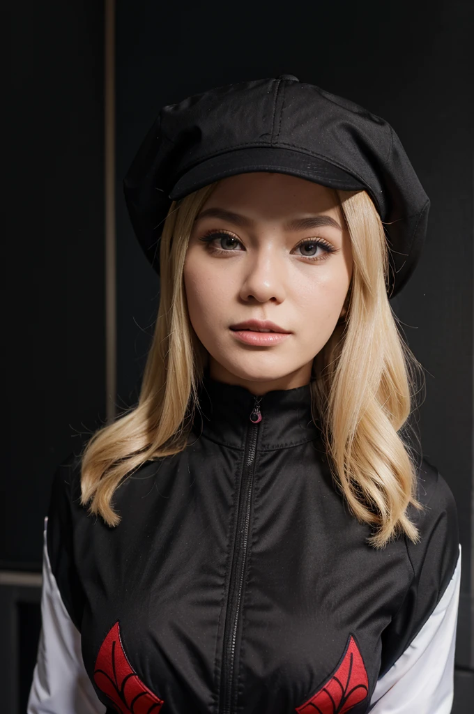 Karakter roblox perempuan, berambut blonde pendek, memakai topi bunga, memakai kacamata, memakai baju spiderman, memakai jaket hitam