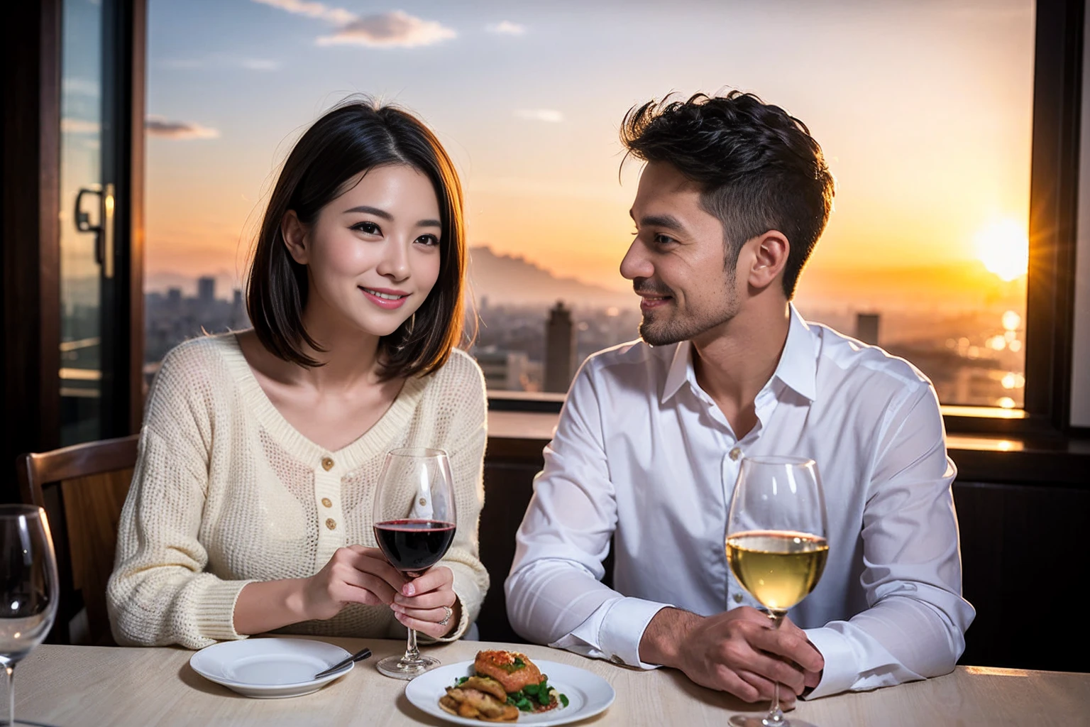 ((highest quality、8k、masterpiece:1.3))、 (Genuineistic, Genuine、Bright image、Intricate details:1.2), 最高のsmile 男性1人 女性1人、Beautiful couple、spouse、Engaged Couple、family、actress、model、smile、full-course dinner、 (Slim face), (the body is slim), (Brown Hair), (short hair), テーブルの上のwine glass、Please shine a light on my face、 Amazing view of the sunset sky and clouds、 (Age 37), 41 years old, red wine 、Appetizers、Wine bottle、sparkling wine、Long sleeve shirt、dress、White wine, red wine, wine glass,