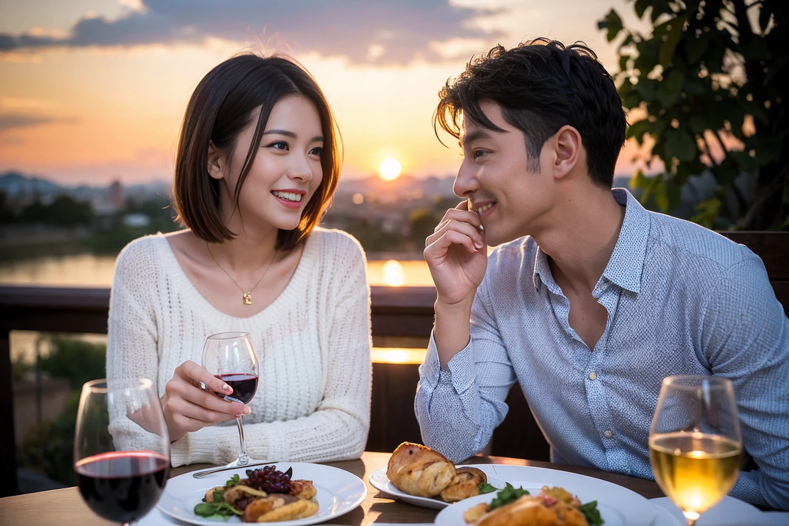 ((highest quality、8k、masterpiece:1.3))、 (Genuineistic, Genuine、Bright image、Intricate details:1.2), 最高のsmile 男性1人 女性1人、Beautiful couple、spouse、Engaged Couple、family、actress、model、smile、full-course dinner、 (Slim face), (the body is slim), (Brown Hair), (short hair), テーブルの上のwine glass、Please shine a light on my face、 Amazing view of the sunset sky and clouds、 (Age 37), 41 years old, red wine 、Appetizers、Wine bottle、sparkling wine、Long sleeve shirt、dress、White wine, red wine, wine glass,