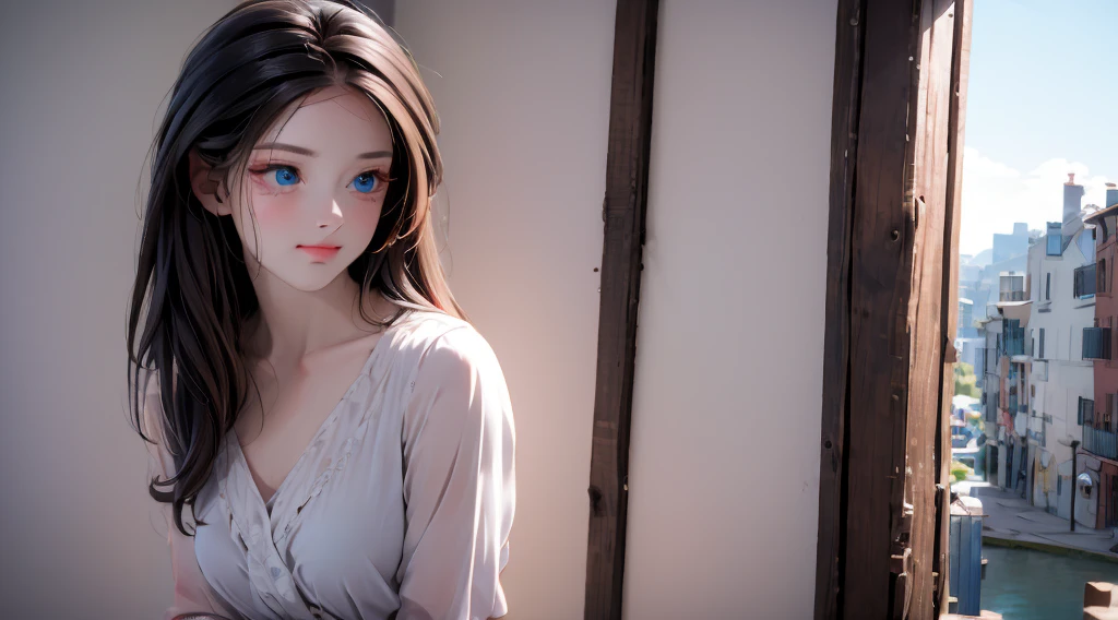 1 girl, medium light black hair, light blue eyes, wearing Sexy outfit , city , Sexy , high res, ultrasharp, 8K, masterpiece, Looking from the front 18+