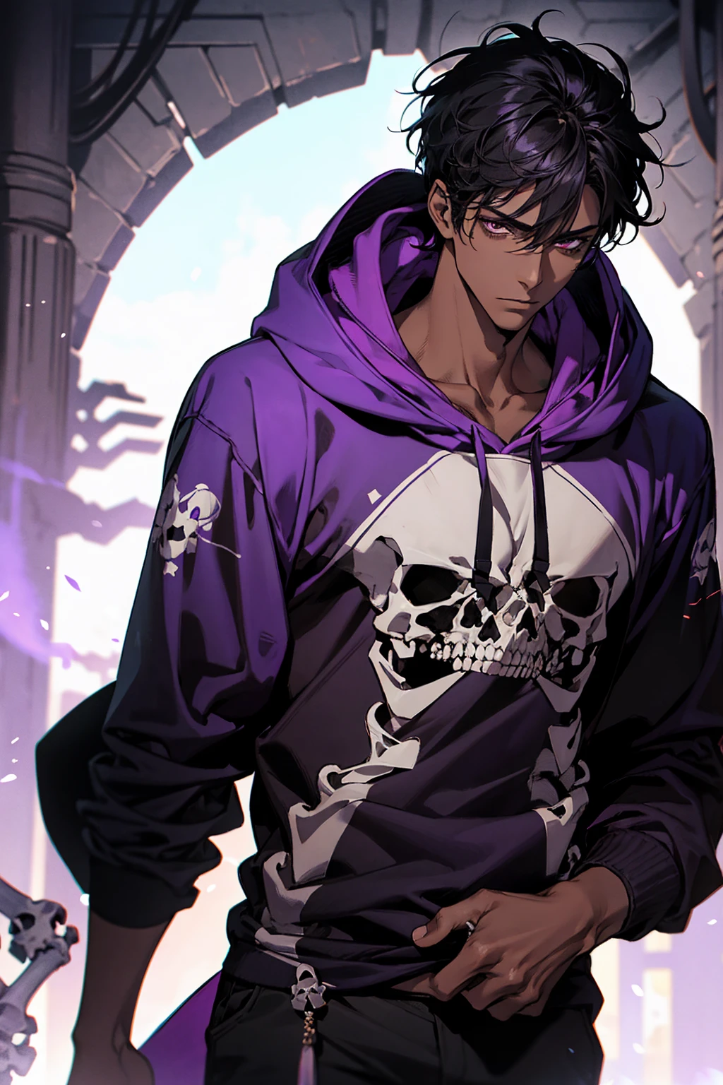 male with bones, looking away from camera, skulls, bones, handsome, black, dark skin, tall, broad shoulders, black hair, purple, purple fire, magic, detailed face, fantasy, hoodie