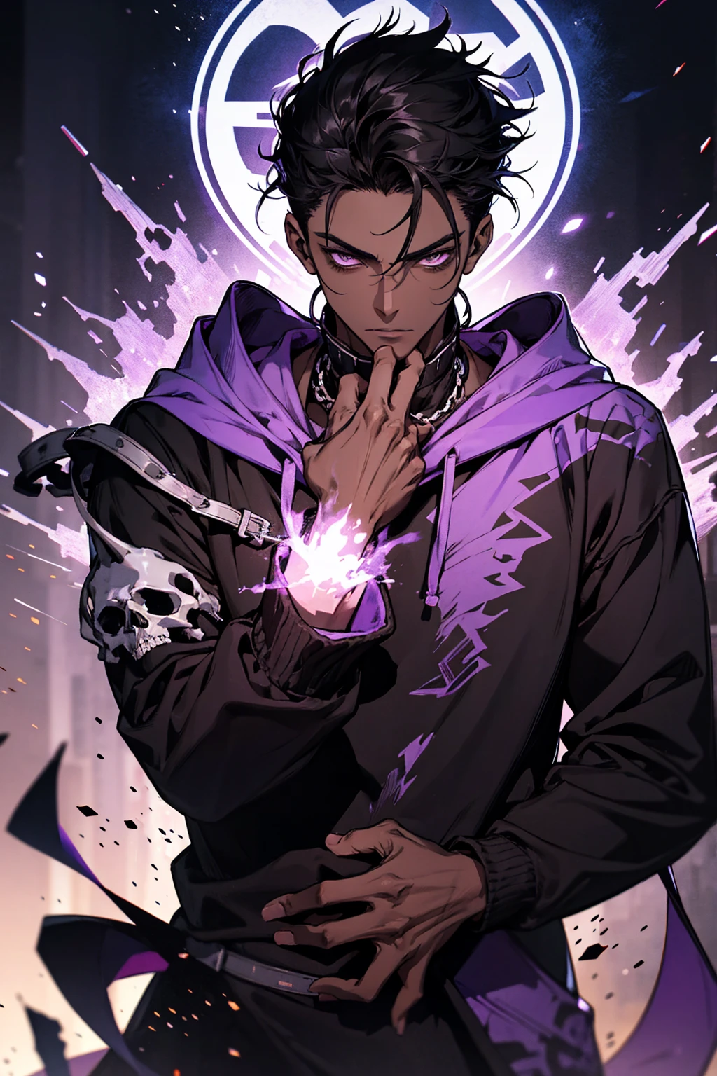 male with bones, looking away from camera, skulls, bones, handsome, black, dark skin, tall, broad shoulders, black hair, purple, purple fire, magic, detailed face, fantasy, hoodie
