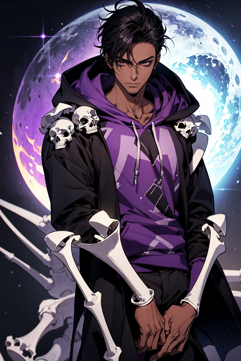 male with bones, looking away from camera, skulls, bones, handsome, black, dark skin, tall, broad shoulders, black hair, purple, purple fire, magic, detailed face, fantasy, hoodie