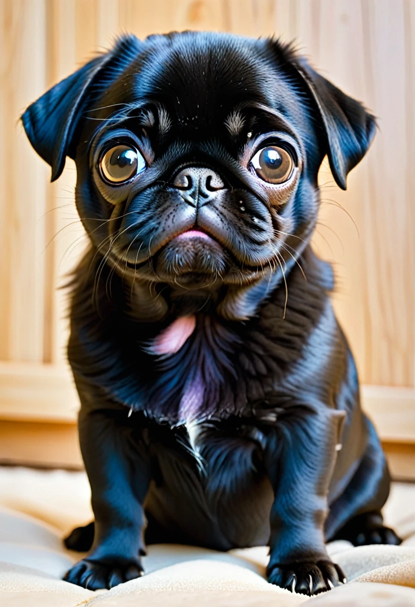 A black-coated pug puppy、（（（Frightened face:1.3）））、（Black hair only:1.3）、（No clothes:1.3）、pet Shop、（No collar）