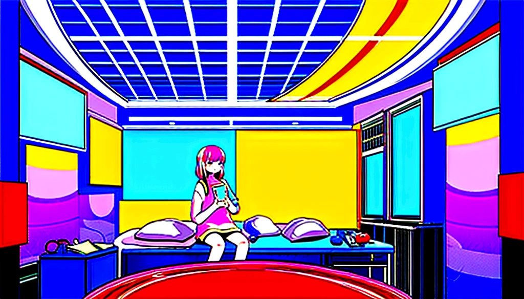 European Hippie Girl meditating in her room, dreaming, Wear headphones, night lights, Neon landscape on a rainy day, Analog Color Theme, Lo-Fi Hip Hop , retrospective, flat, 2.5D ,Draw a line, Ink Drawing, Large slope, Watercolor painting, Goosch Colors, Studio Ghibli Style, Awesome colorful, Outer Ton, krautrock, lofi art,  70s style,Old texture, amplitude,psychedelic vibe, masterpiece, Tremendous technology,