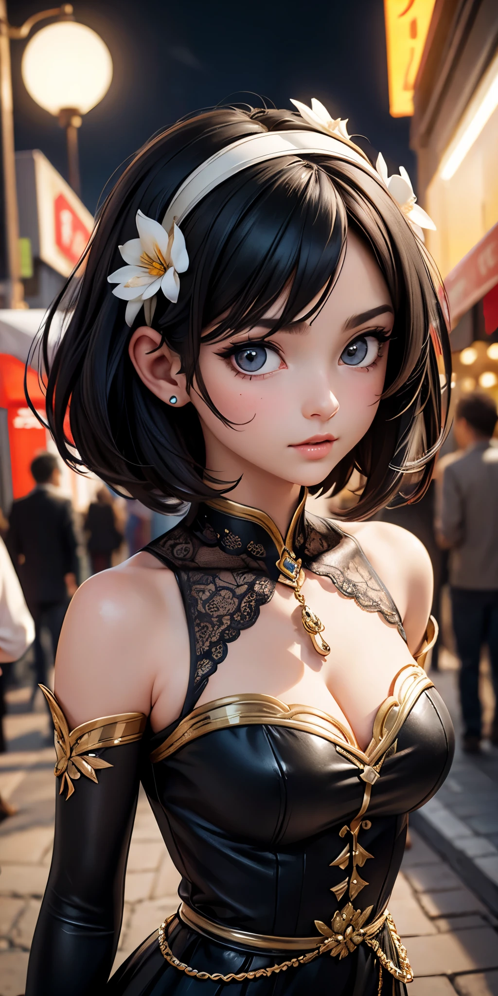 masterpiece, best quality, miranda, (halfbody shot, street lamps, moon), Masterpiece, 1 girl, solo exhibition, beautiful woman on the bustling street, surrounded by hawkers, beautiful goddess girl portrait, beautiful and detailed face, porcelain skin, (((bust shot, center, night, black hair, short hair)), super soft lighting, symmetry, complexity, elegance, high detail, realism, art, concept art,