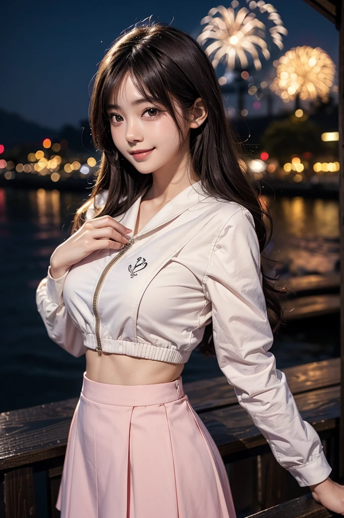 cool idol girl、whole body、Good style、、、、Cool white jacket、Glowing fluorescent pink pleated mini skirt、cool belt、、、、、Balloon Room、