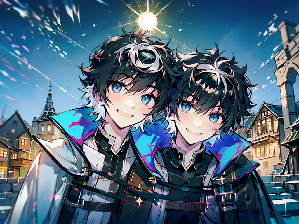 ((absurdres)), hd, uhd, (((HDR))), ((best quality)), (ultra high quality), (hi-res), (cowboy shot), (from above), ((1boy)), charlemagne, black hair, blue eyes, multicolored hair, two-tone hair, ((happy expression)), (smiling), cute, looking at camera, wall, stairs, ((head tilted towards camera)), (dynamic), medieval city, outside, medieval buildings, cobblestone sidewalk, daytime, additional lighting, sunlight on face, noon, bright sun, medieval city scenery, birds, 