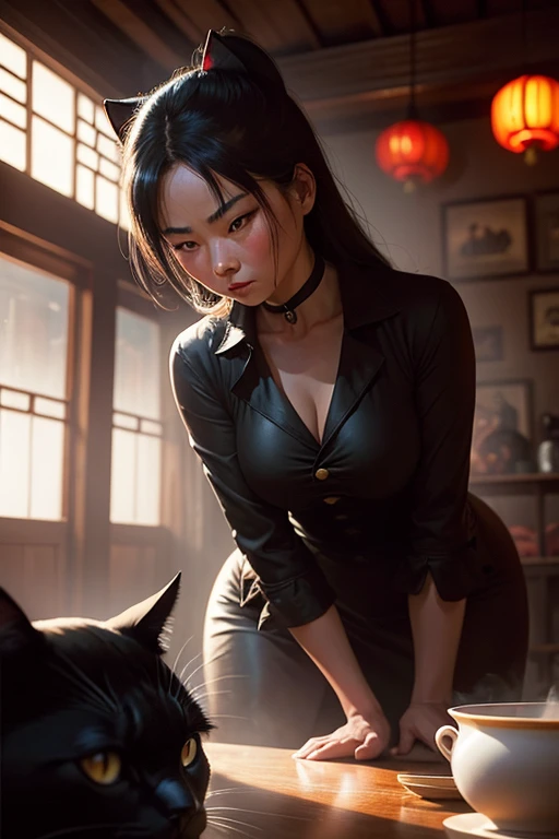 Chinese woman with black cat, old tea house, smoky, Tarantino vibe, by Brian Bolland, by Frazetta, by Mike Ploog, film noir, volumetric lighting, old film effect, 35mm, sharp constrast, grainy, vivid, lurid colors, Technicolor, HD. 8 x