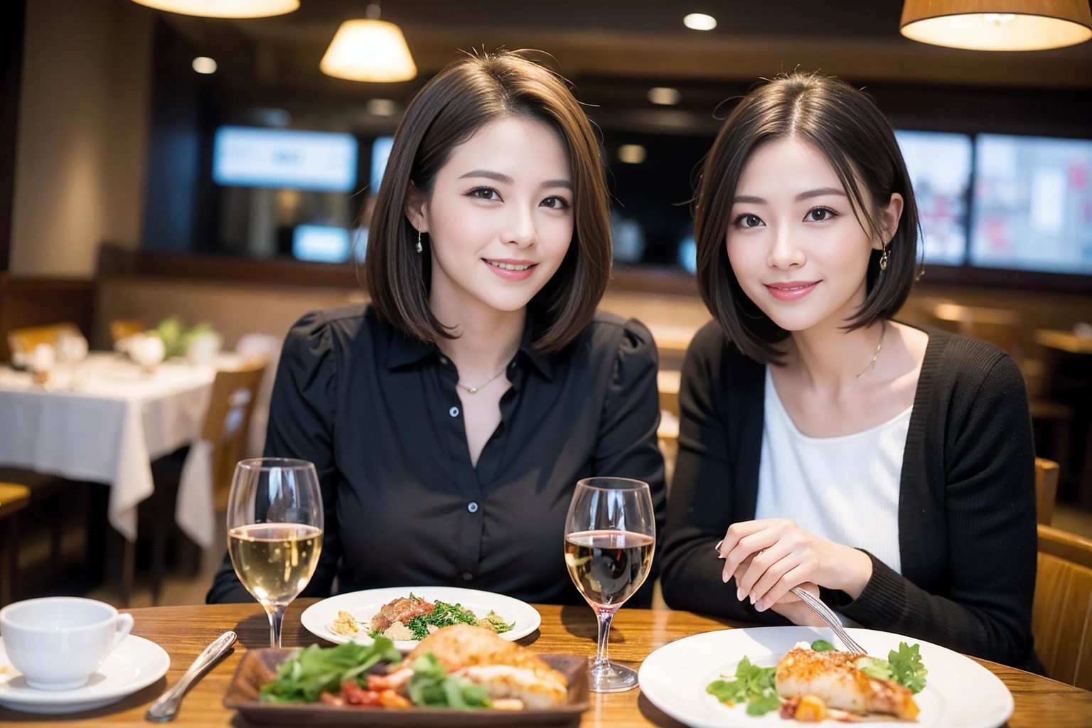 ((highest quality、8k、masterpiece:1.3))、1 male、1 female、spouse、I really like it、Beautiful couple、The body is slim、テーブルの上のwine glass、Facial Lighting、full-course dinner、 Amazing view of the sunset sky and clouds、A bright smile、The wonderfulness of smile、Bright image、Beautiful Face, short hair,Bright Face、 (43 years old), 39 years old, red wine 、Appetizers、Italian food、Wine bottle、Champagne、sparkling wine、Two beauties、Brown Hair、Shortcuts、Long sleeve shirt、dress、Pretty Woman 1, (slimな顔), (The body is slim), (Brown Hair), (Shortcuts), cheeks turn a little red,Attractive beauty、restaurant, In a prominent place (From the waist up) Nova Frog Style, actress, model, Upper Body, White wine, slim, wine glass, 中央に置かれたwine glass, smile, (smile: 1.15), Beautiful fine grain, Depth f/2,saturation, High Contrast, Strong light and shadow,Moist Body:1.5、3D texture、Delicate eyes、Brown Hair、The hair is very shiny、