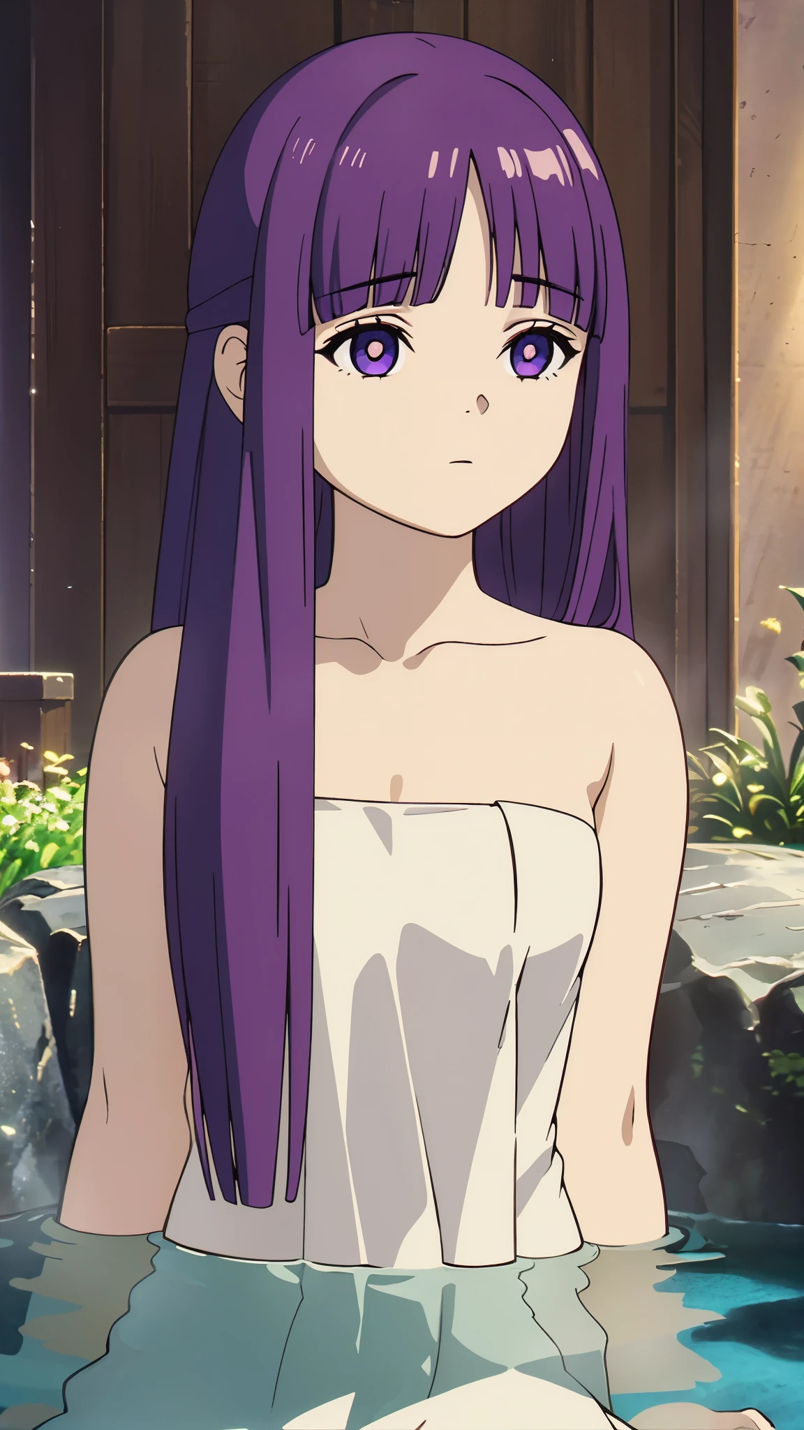 1girl, fern, long hair, hair ornaments, naked wet, towel, bathing, hot spring, upper body, looking at viewer, ((masterpiece)), (extremely detailed CG unity 8k wallpaper), best quality, cinematic lighting, detailed background, beautiful detailed eyes, bright pupils, (an extremely delicate and beautiful), (Beautiful and detailed eye description), ultra-detailed