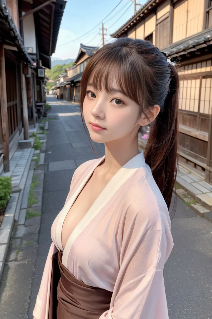 nsfw,Japanese women、26 years old、(naked)、princess、Hairpin、Beautiful nipples、Pink kimono、Brown Hair、ponytail、bangs、(RAW shooting, Photorealistic:1.5, 8k, highest quality, masterpiece, Ultra-high resolution), ((The background is the streetscape of the Edo period.、Old house))、Farmer、Rural Scenery、countryside、Highly detailed skin and facial textures:1.2, Cute like an idol、aesthetic, Cute and sexy beauty, Perfect Style:1.2, Fair skin, Very beautiful face, Glowing White Skin, (Mid-chest)、Dutch Angle、Low - Angle、Shooting from the side、Walking、